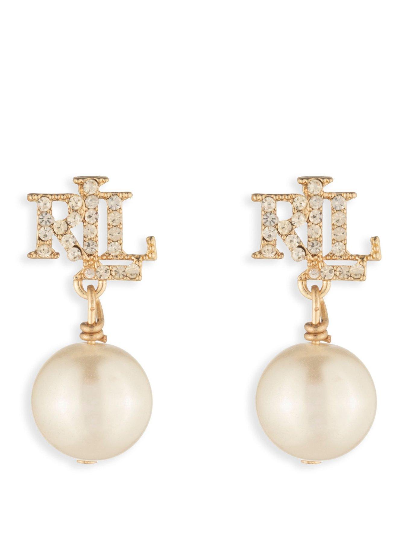 Lauren by Ralph Lauren Lauren Ralph Lauren Gold & Crystal Logo Pearl Drop Earrings