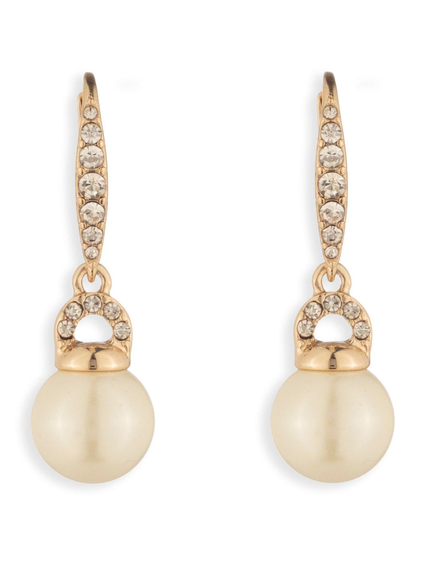 Image 1 of 4 of Lauren by Ralph Lauren Lauren Ralph Lauren Gold & Crystal Pearl Drop Earrings