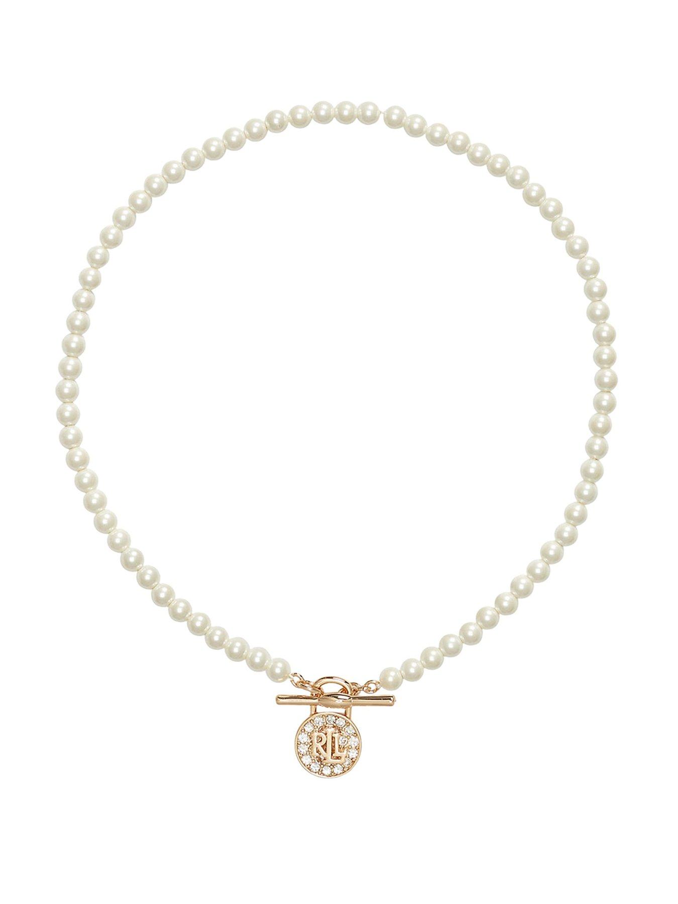 Lauren by Ralph Lauren Lauren Ralph Lauren Faux Pearl Pendant Necklace with Gold & Crystal Logo Padlock
