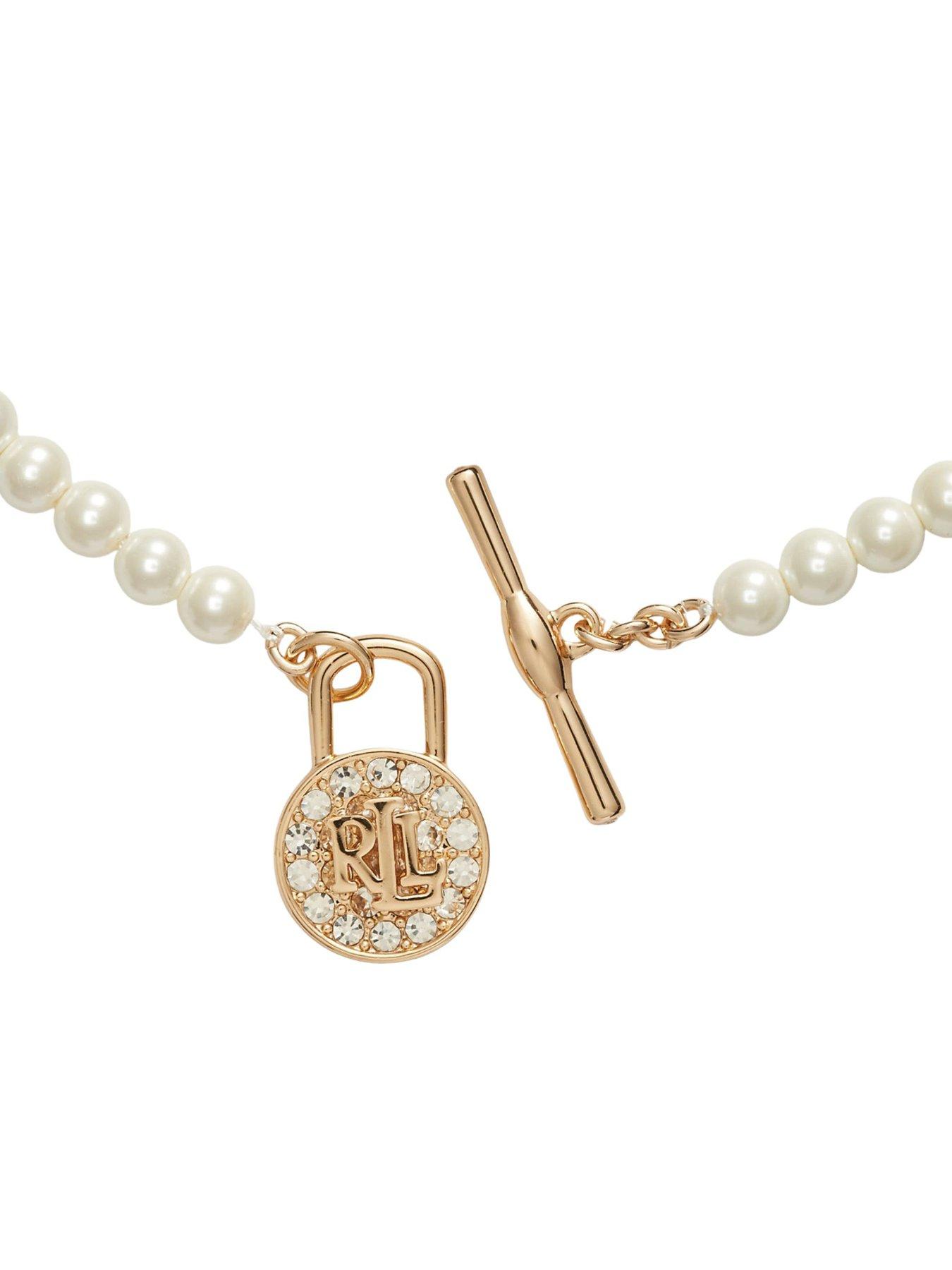 Image 2 of 3 of Lauren by Ralph Lauren Lauren Ralph Lauren Faux Pearl Pendant Necklace with Gold & Crystal Logo Padlock