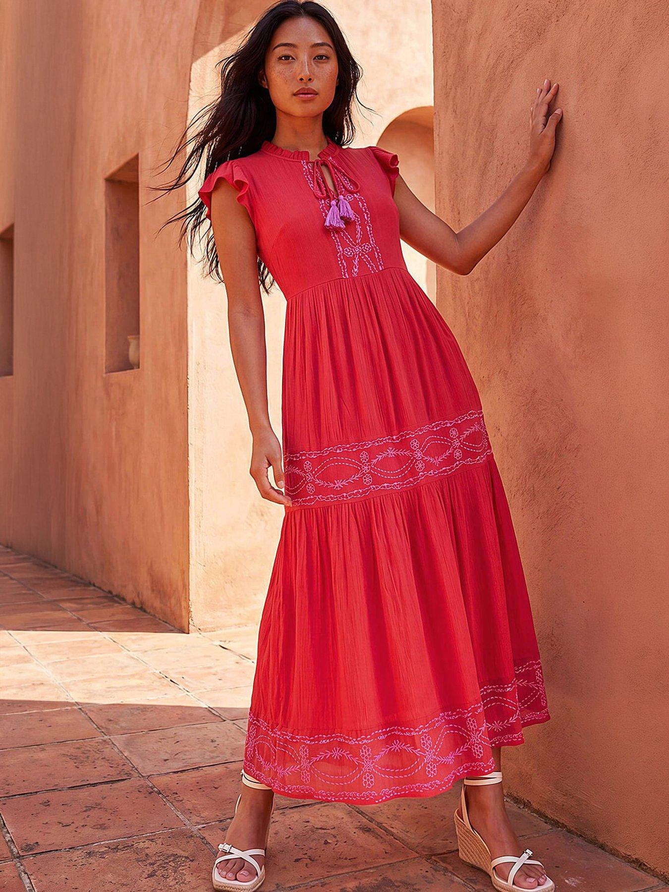 Roman Petite Embroidered Tiered Midi Dress - Red