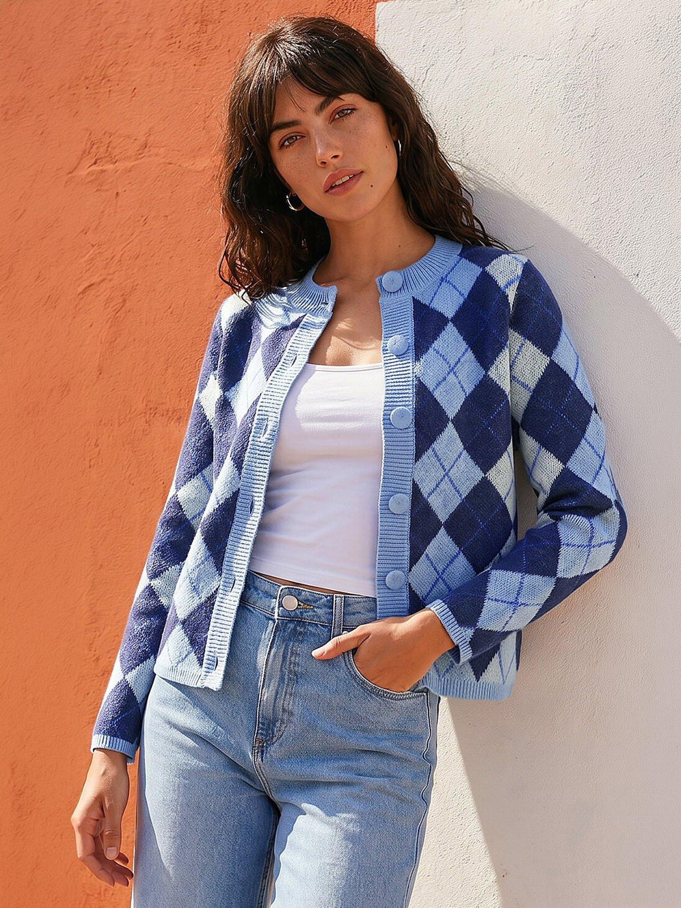 Roman Argyle Buttoned Knit Cardigan - Blue