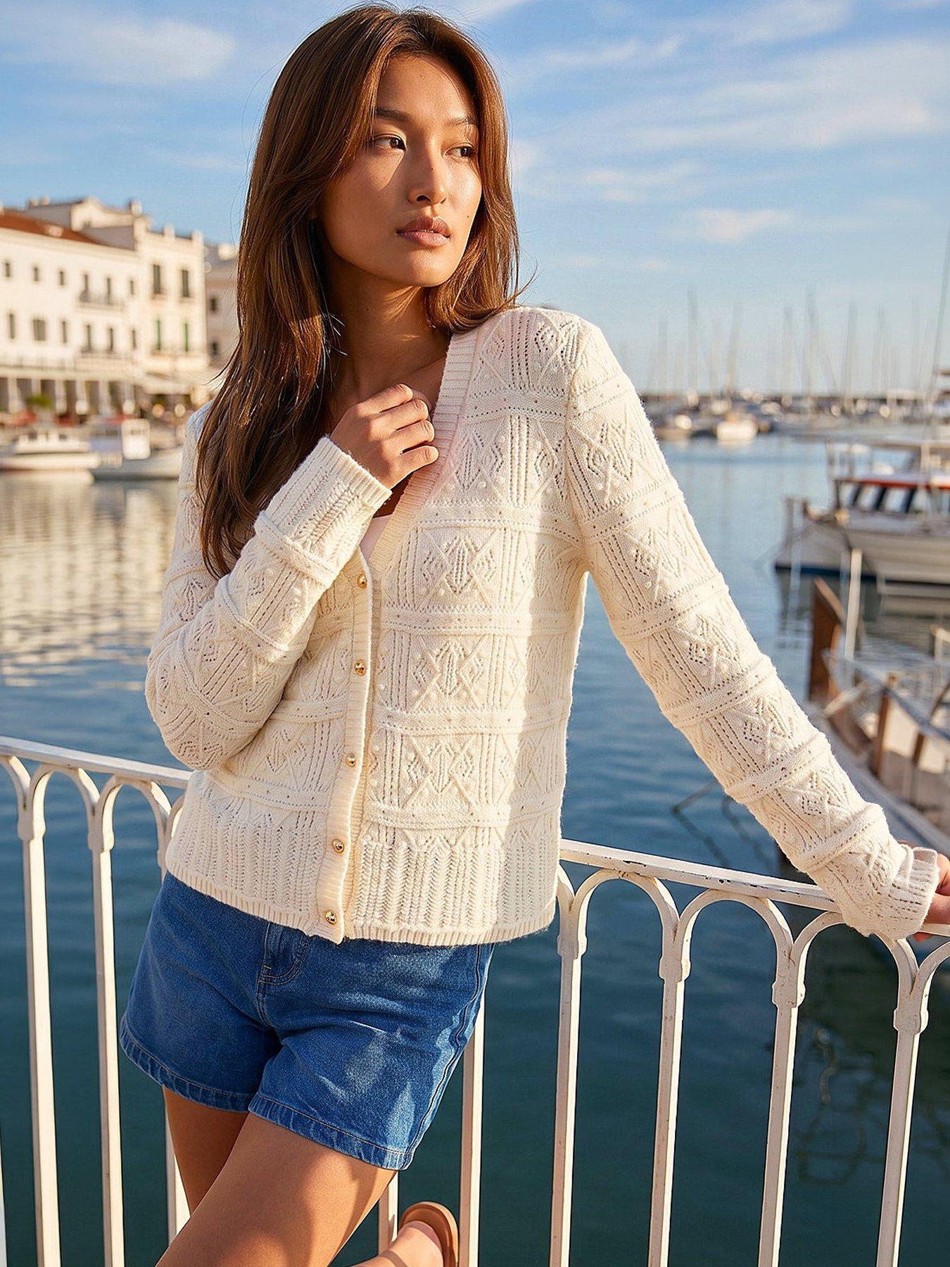 Image 1 of 4 of Roman Pointelle Knit Cardigan - Ivory