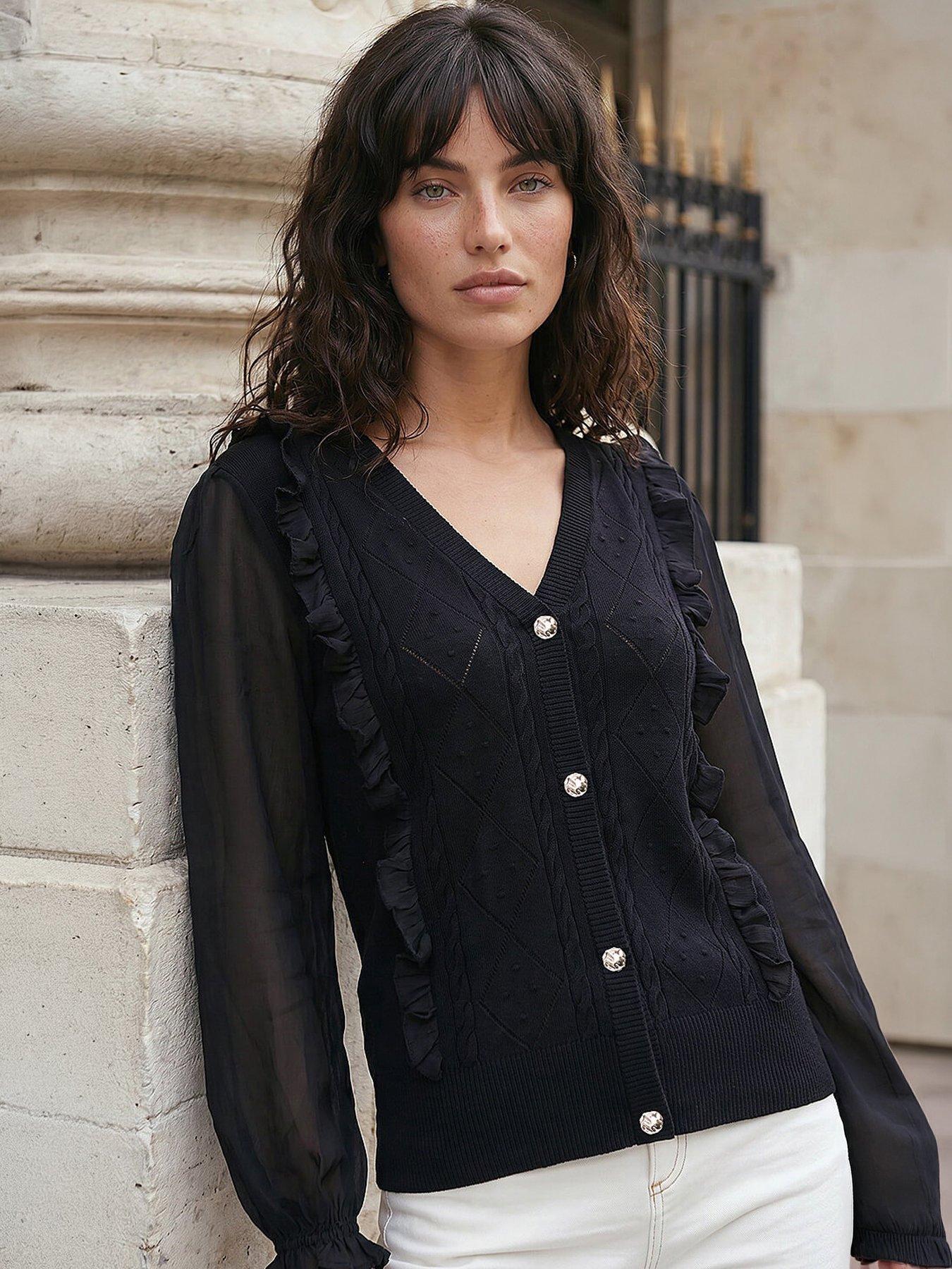 Roman Woven Sleeve Buttoned Knit Jumper - Black