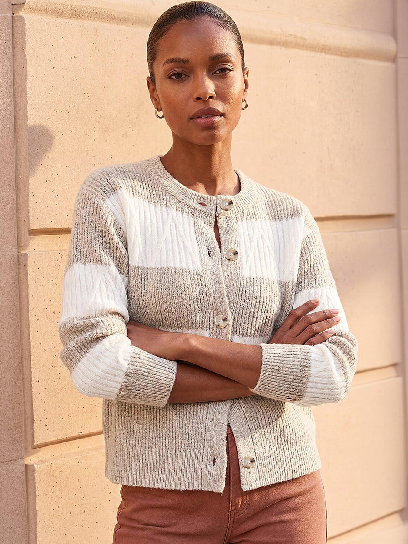 Roman Stripe Buttoned Knit Cardigan - Beige