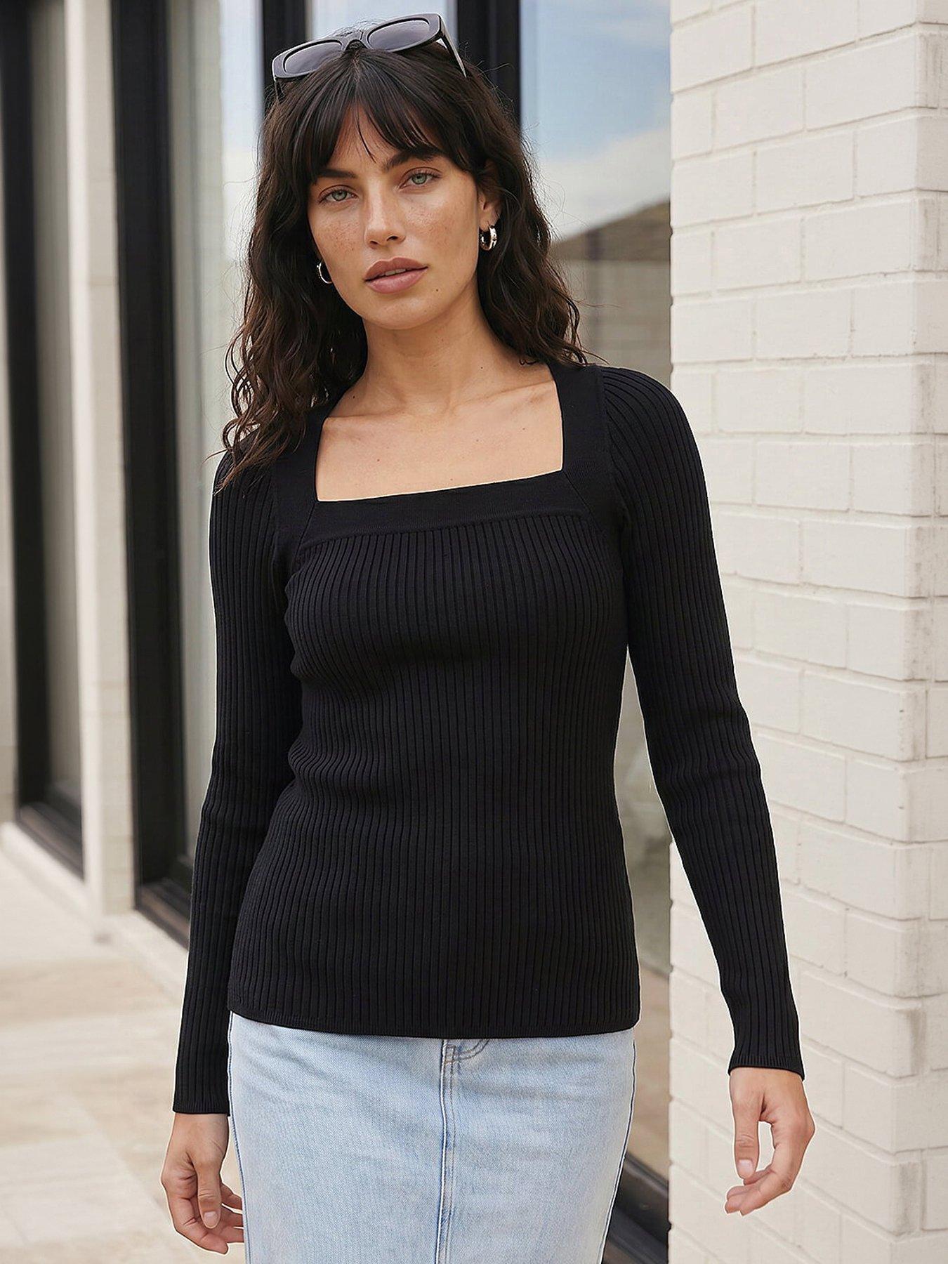 Roman Square Neck Ribbed Knit Top - Black
