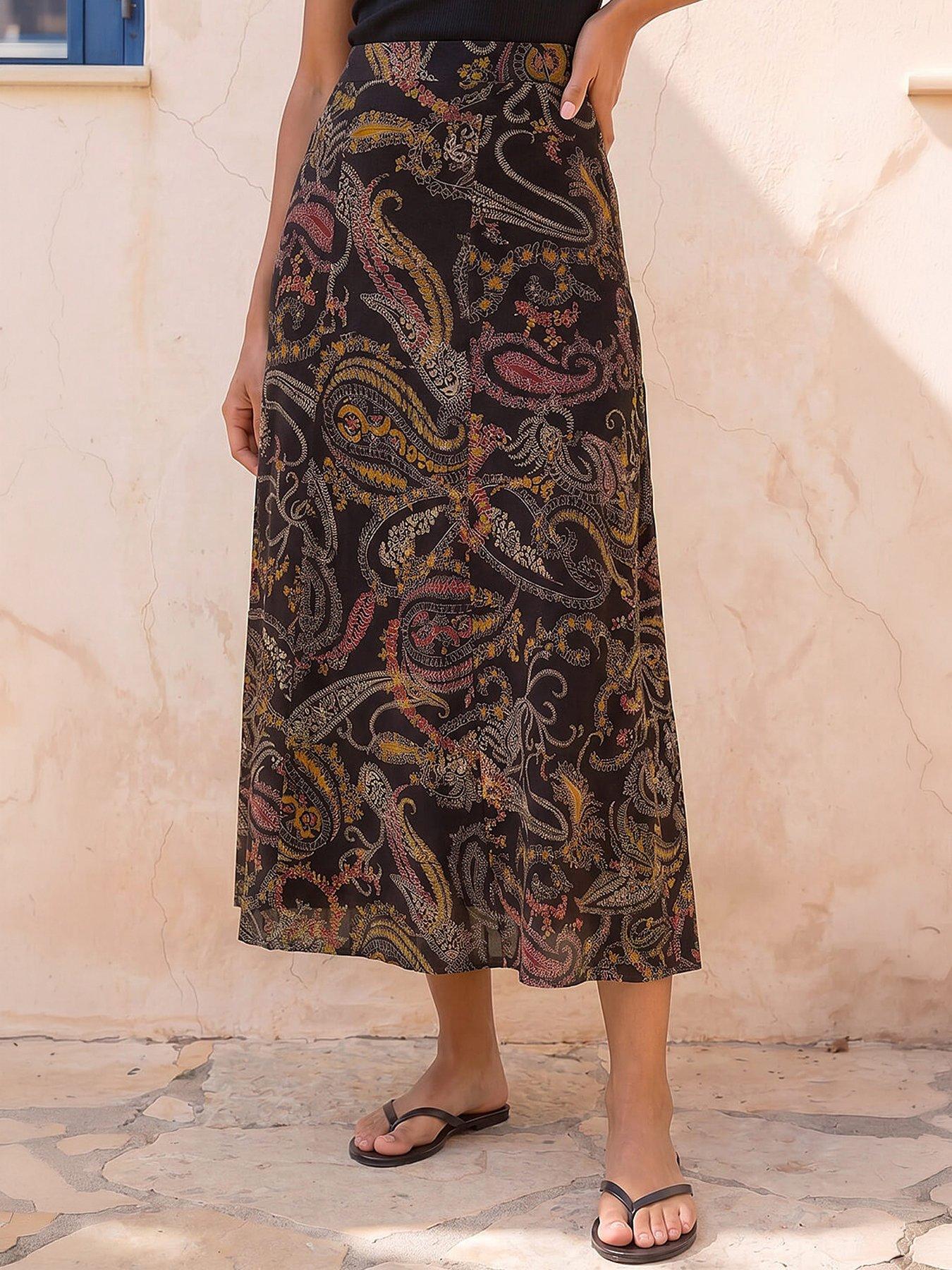 Roman Modern Paisley Print Midi Stretch Skirt - Black