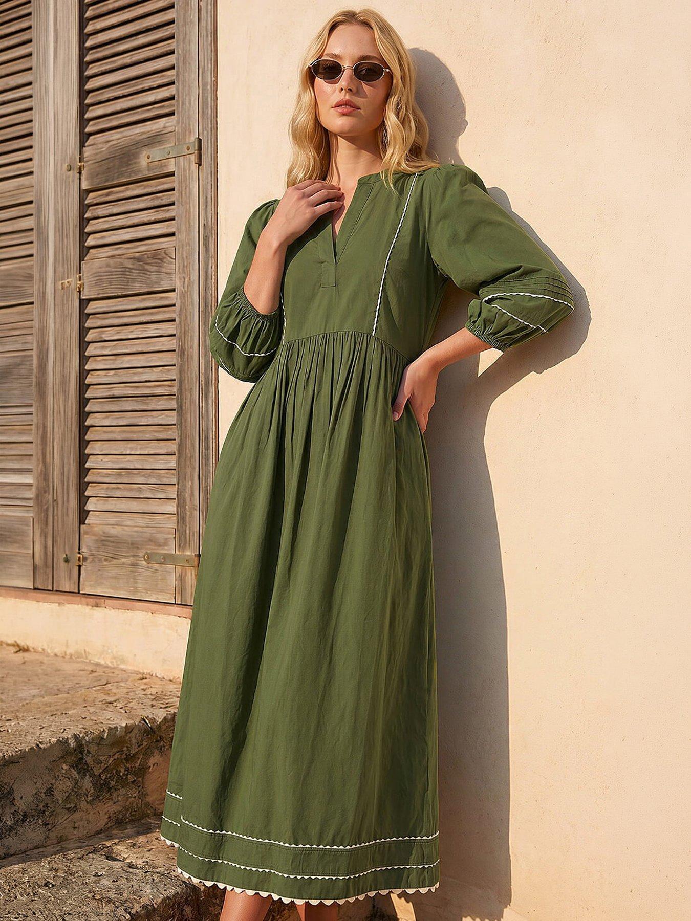 Roman Ric Rac Collared Midi Dress - Green