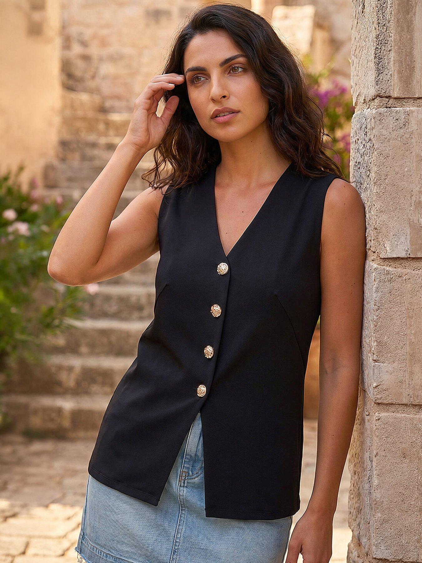 Roman Dusk Statement Button Stretch Waistcoat - Black