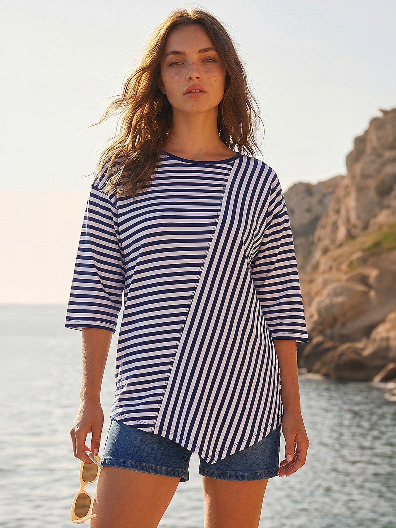 Roman Petite Asymmetric Stripe Top - Navy