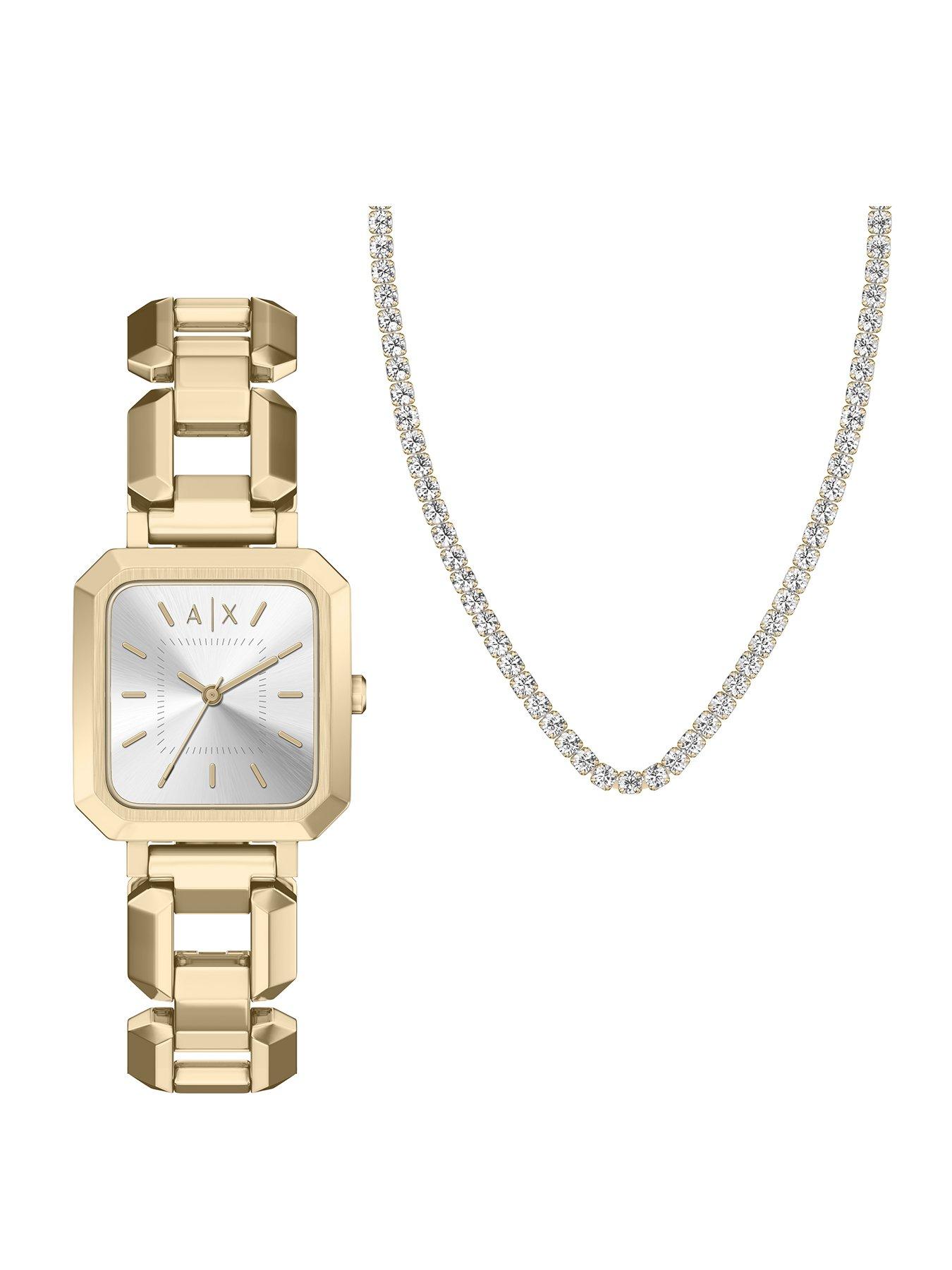 Armani Exchange Women's Three-Hand Gold-Tone Stainless Steel Watch and Necklace Set, AX7186SET