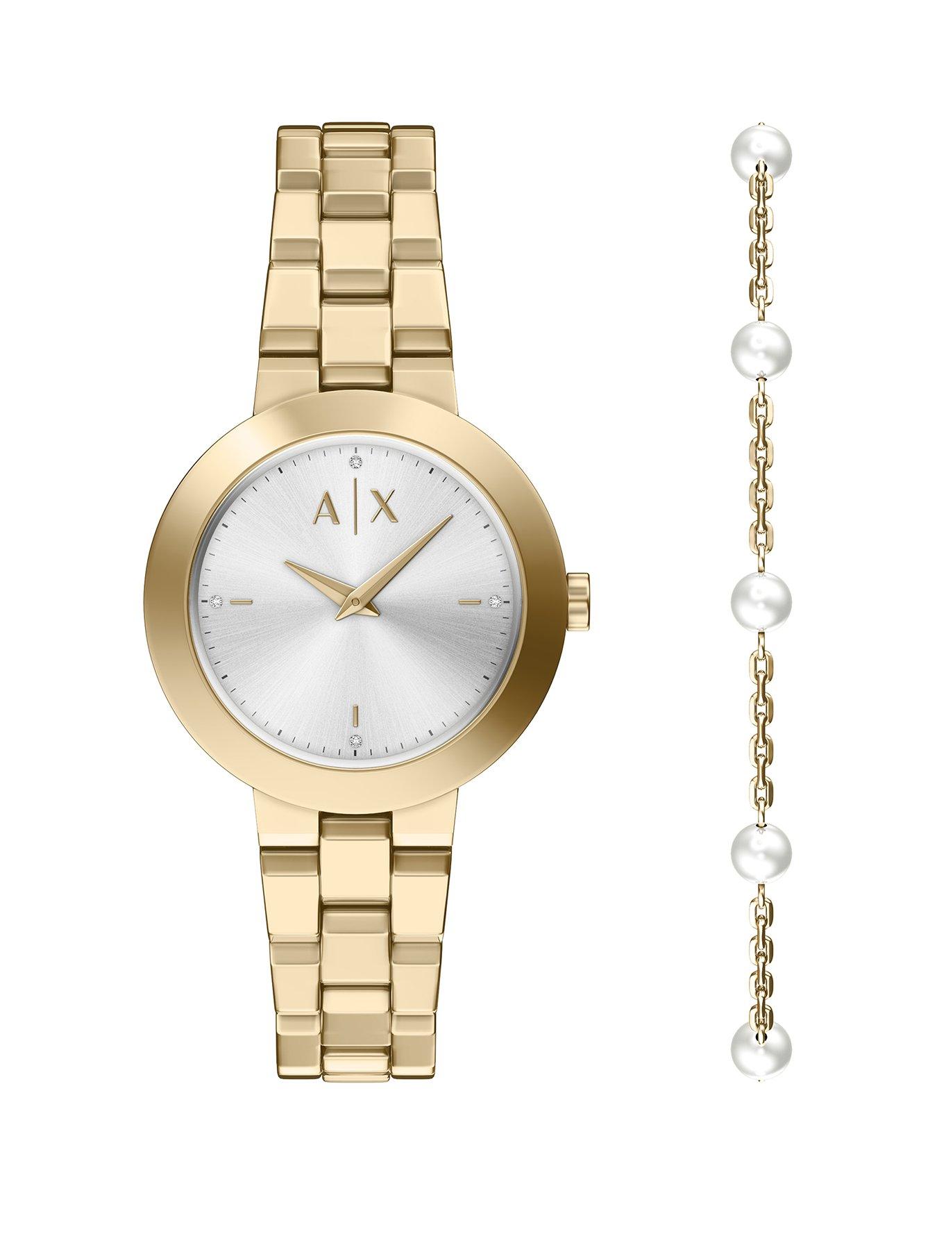 Armani Exchange Two-Hand Gold-Tone Stainless Steel Watch and Bracelet Set