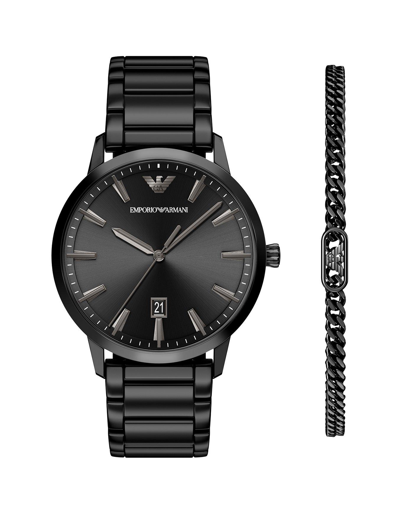 Emporio Armani Men's Three-Hand Date Black Stainless Steel Watch and Bracelet Set, AR80089SET