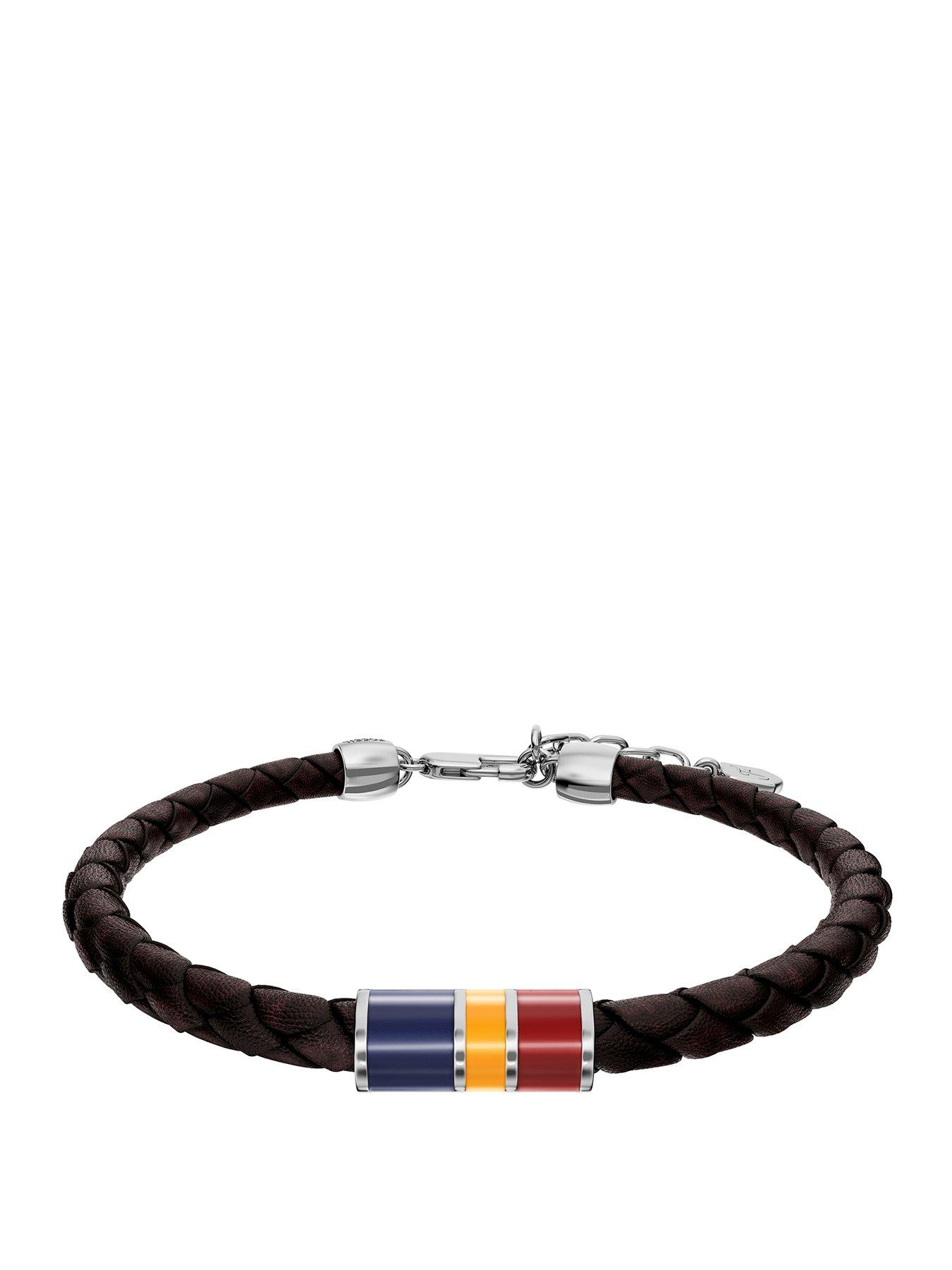 Fossil Fossil Men's Everett Enamel Brown Leather Station Bracelet, JF05023040