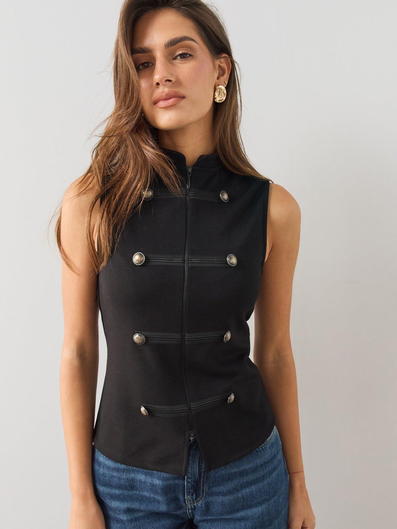 Image 1 of 6 of The Very Collection Military Button Trim Zip Front Blouse - Black