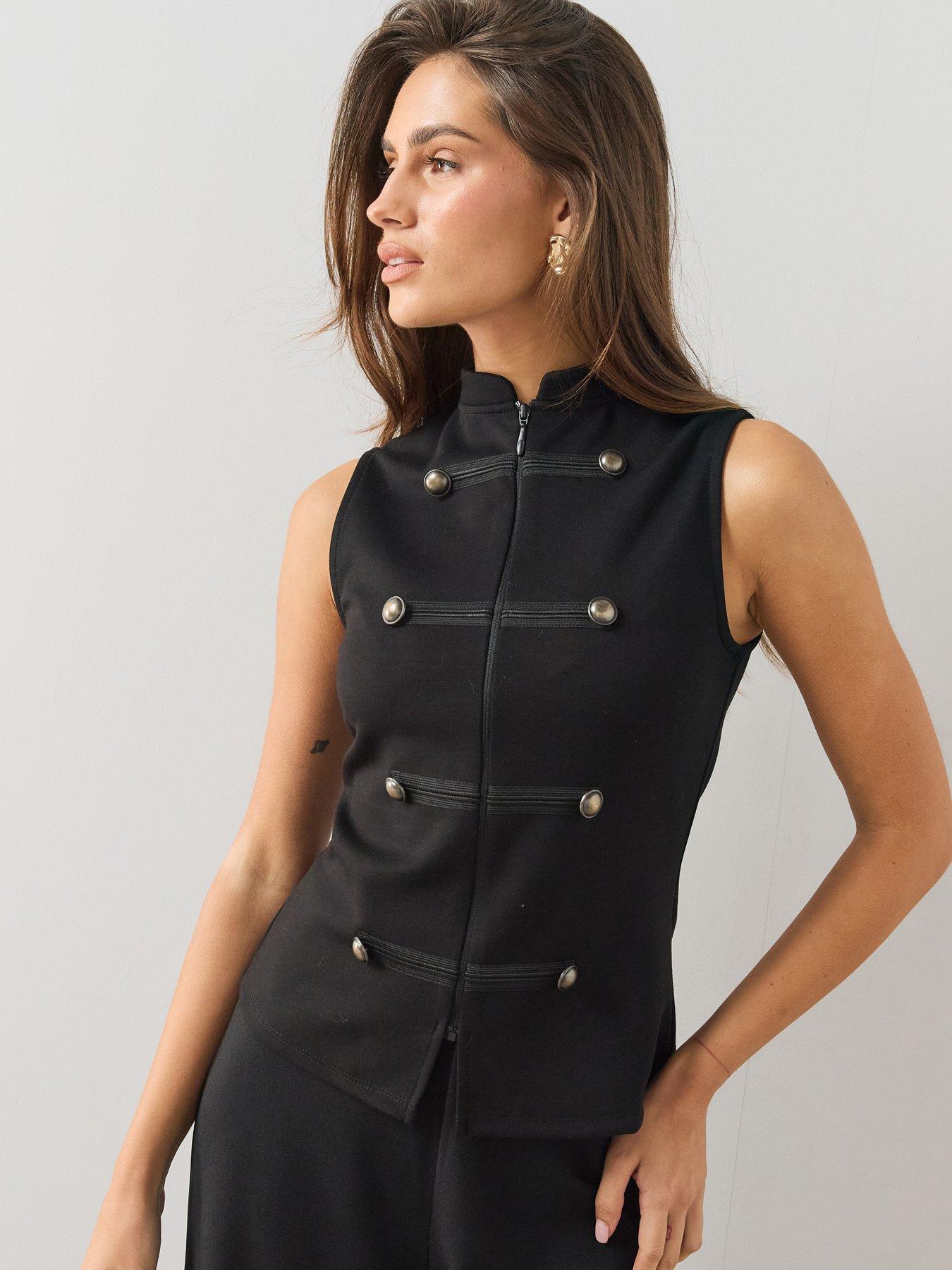 Image 4 of 6 of The Very Collection Military Button Trim Zip Front Blouse - Black