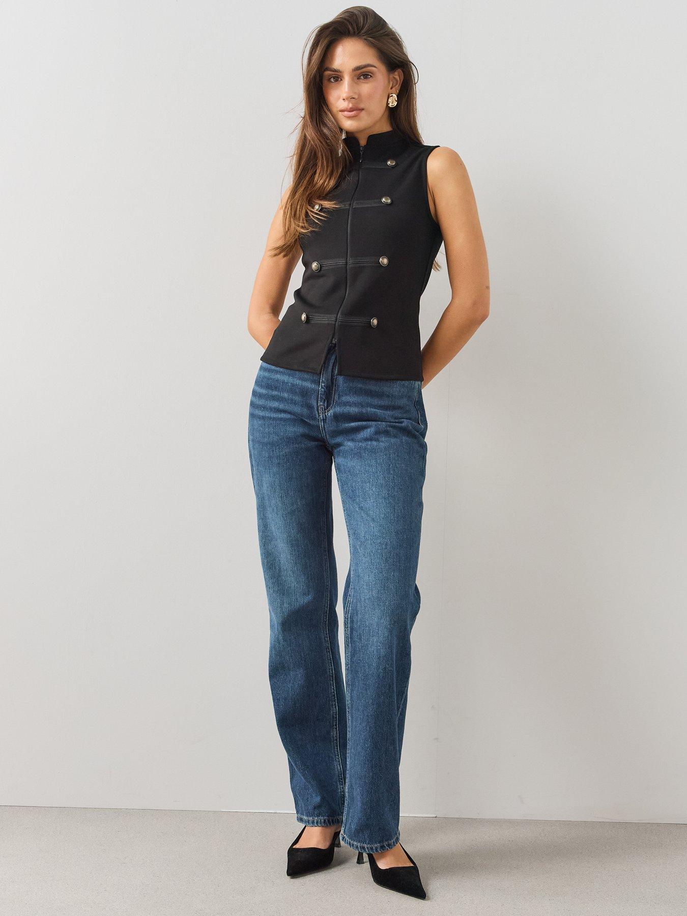 Image 6 of 6 of The Very Collection Military Button Trim Zip Front Blouse - Black