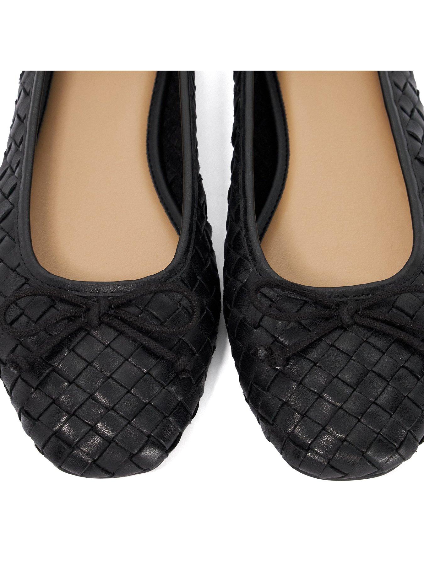 Image 5 of 6 of Dune London Wide Fit Heat Woven Leather Bow Detail Ballet Pumps - Black