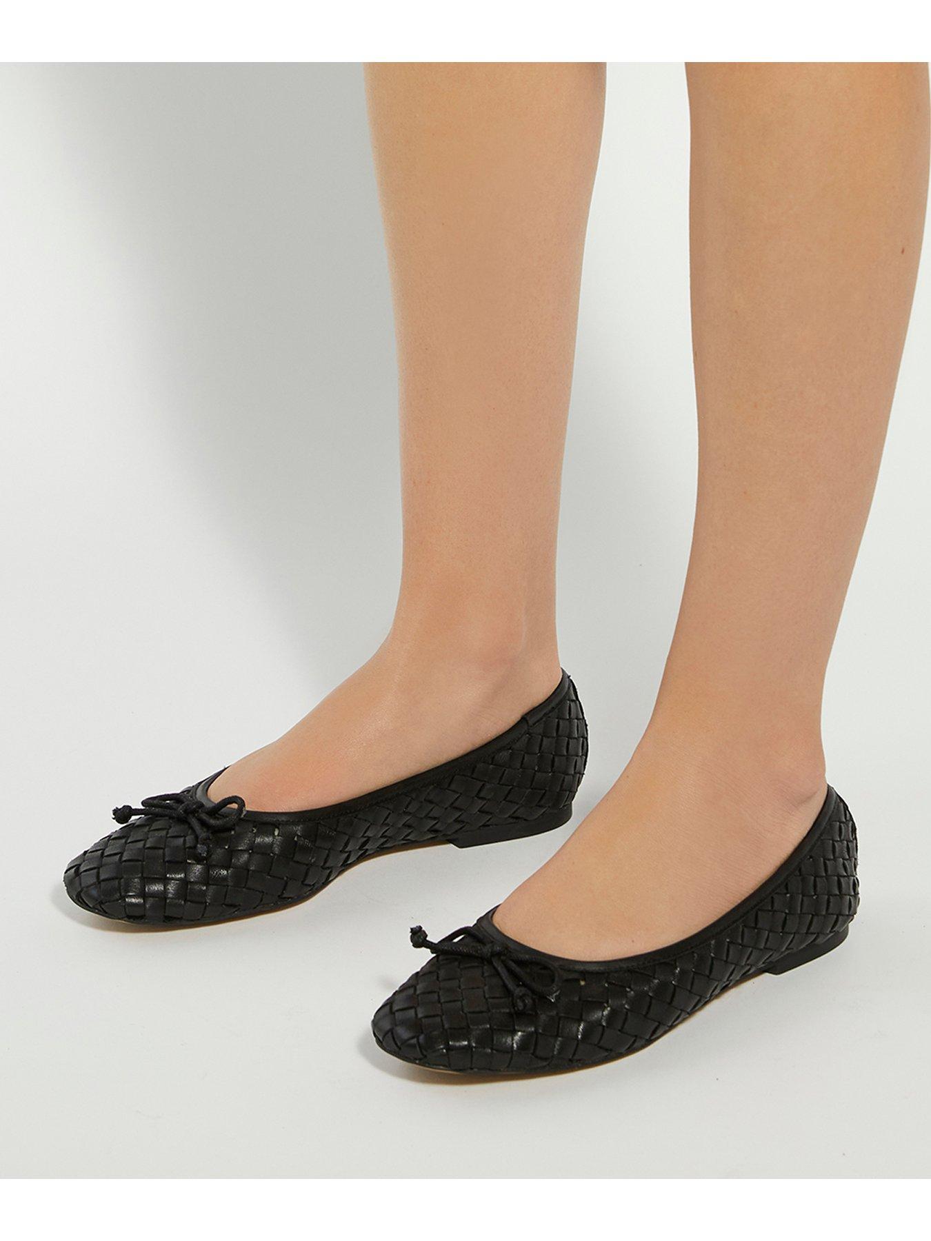 Image 6 of 6 of Dune London Wide Fit Heat Woven Leather Bow Detail Ballet Pumps - Black