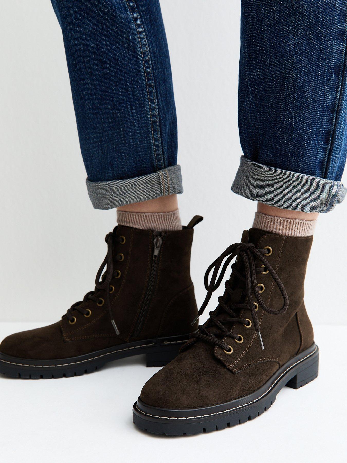 New Look Faux Suede Stitch Trim Faux Lace Up Ankle Boots - Dark Brown