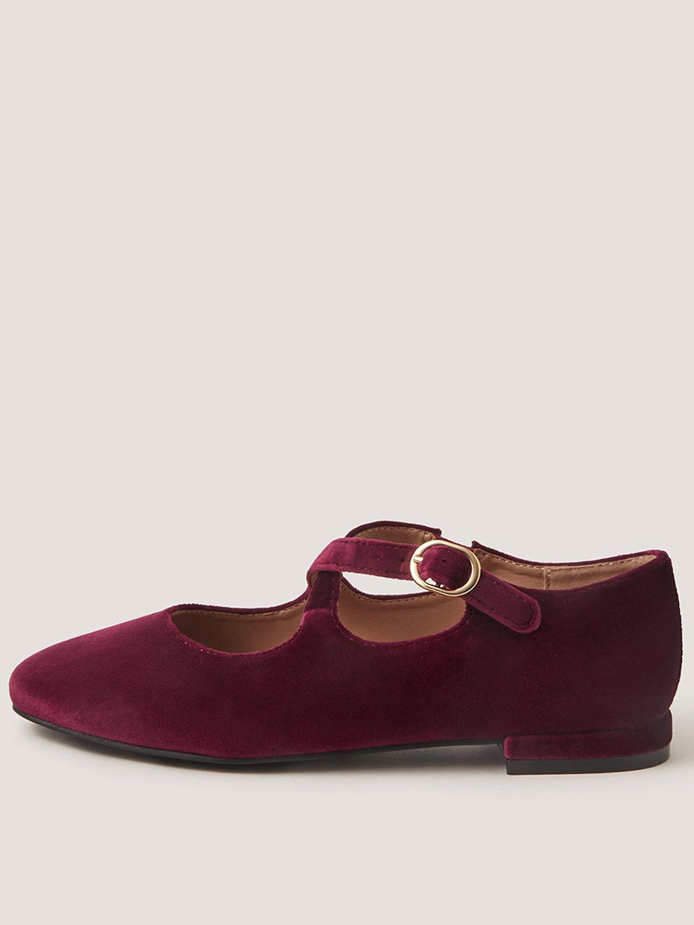Monsoon Dana Velvet Mary Jane Ballet Flats - Red/Burgundy