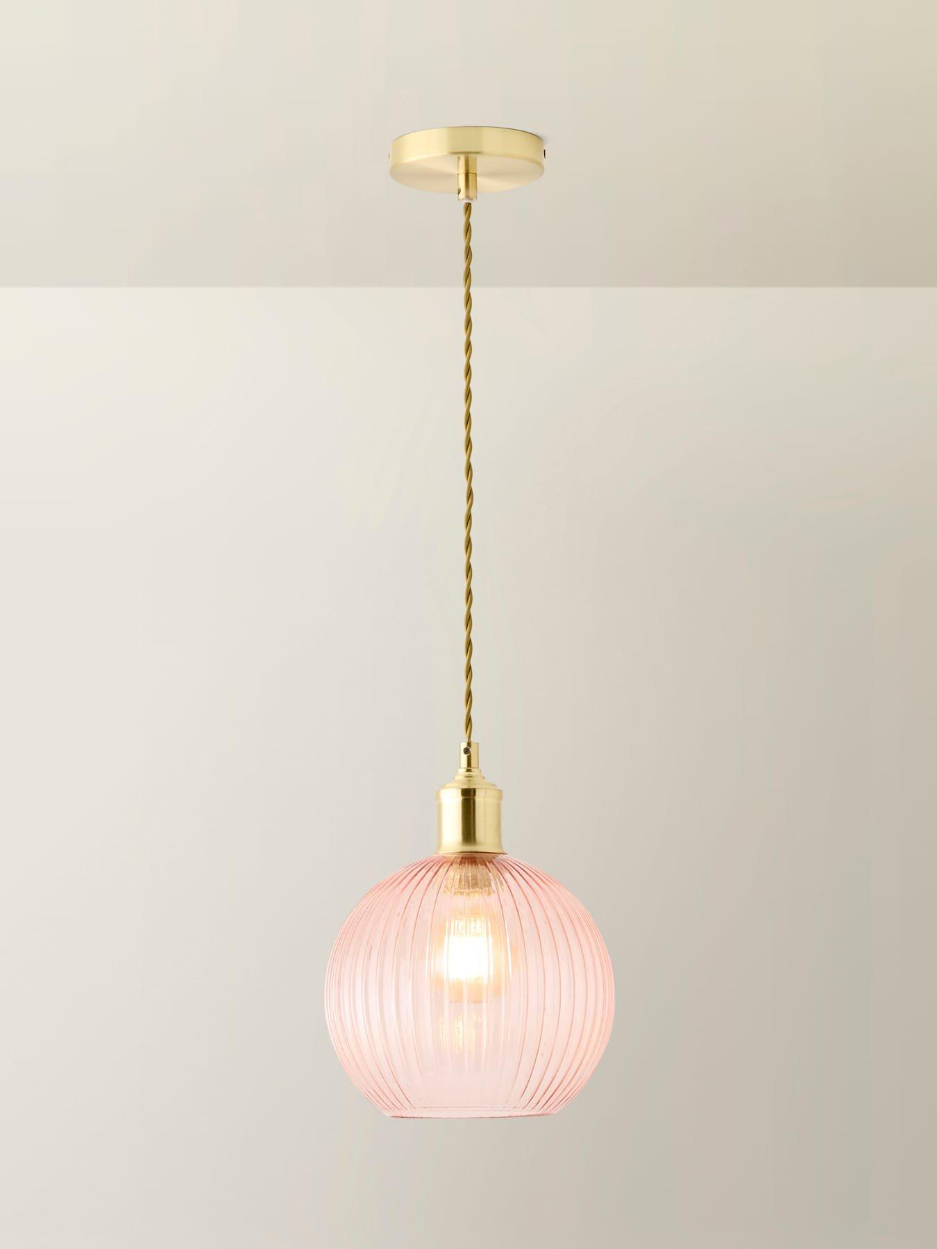 ValueLights Maddison Brushed Gold Ceiling Light with Pink Ribbed Glass Shade and Warm White Bulb