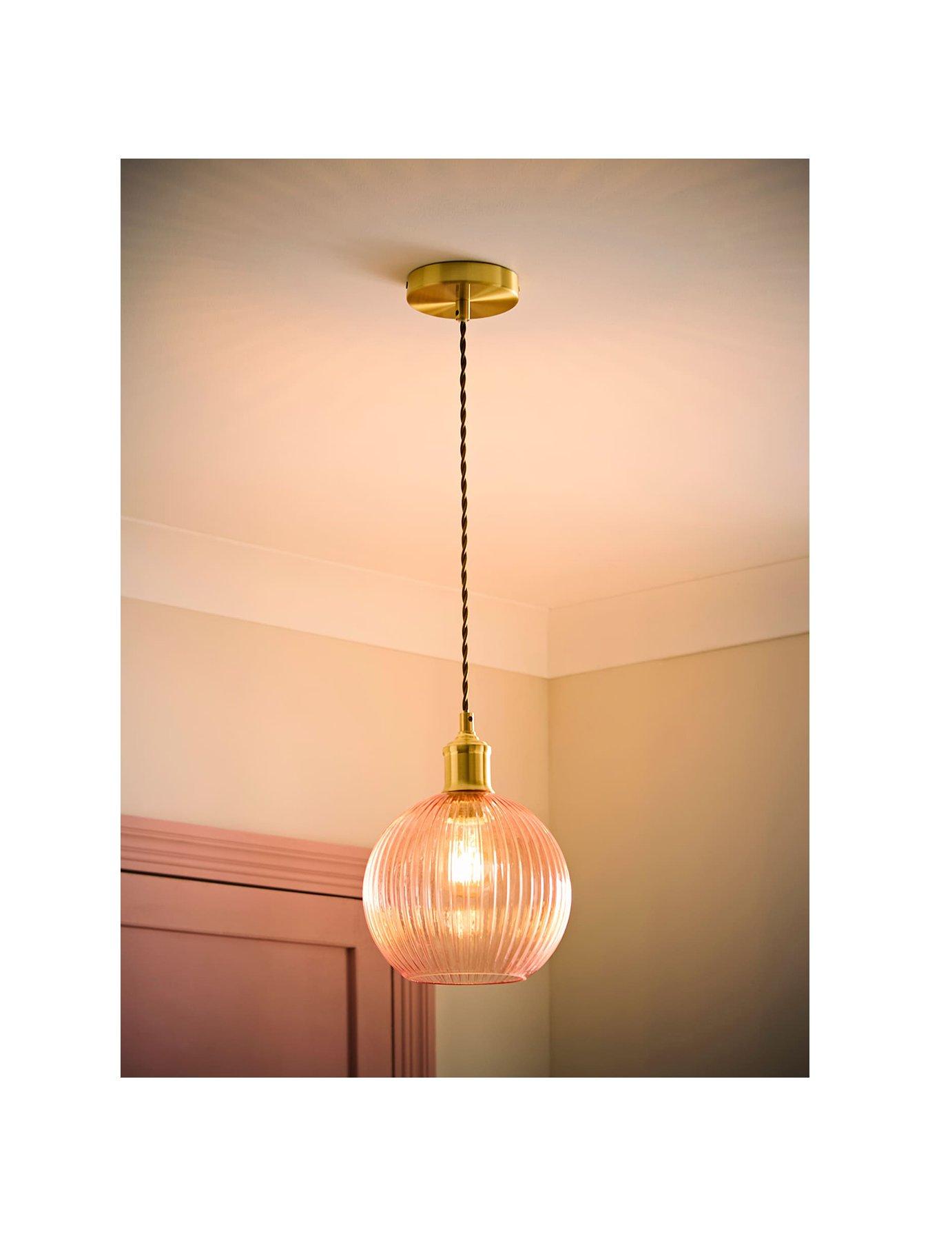 Image 2 of 6 of ValueLights Maddison Brushed Gold Ceiling Light with Pink Ribbed Glass Shade and Warm White Bulb