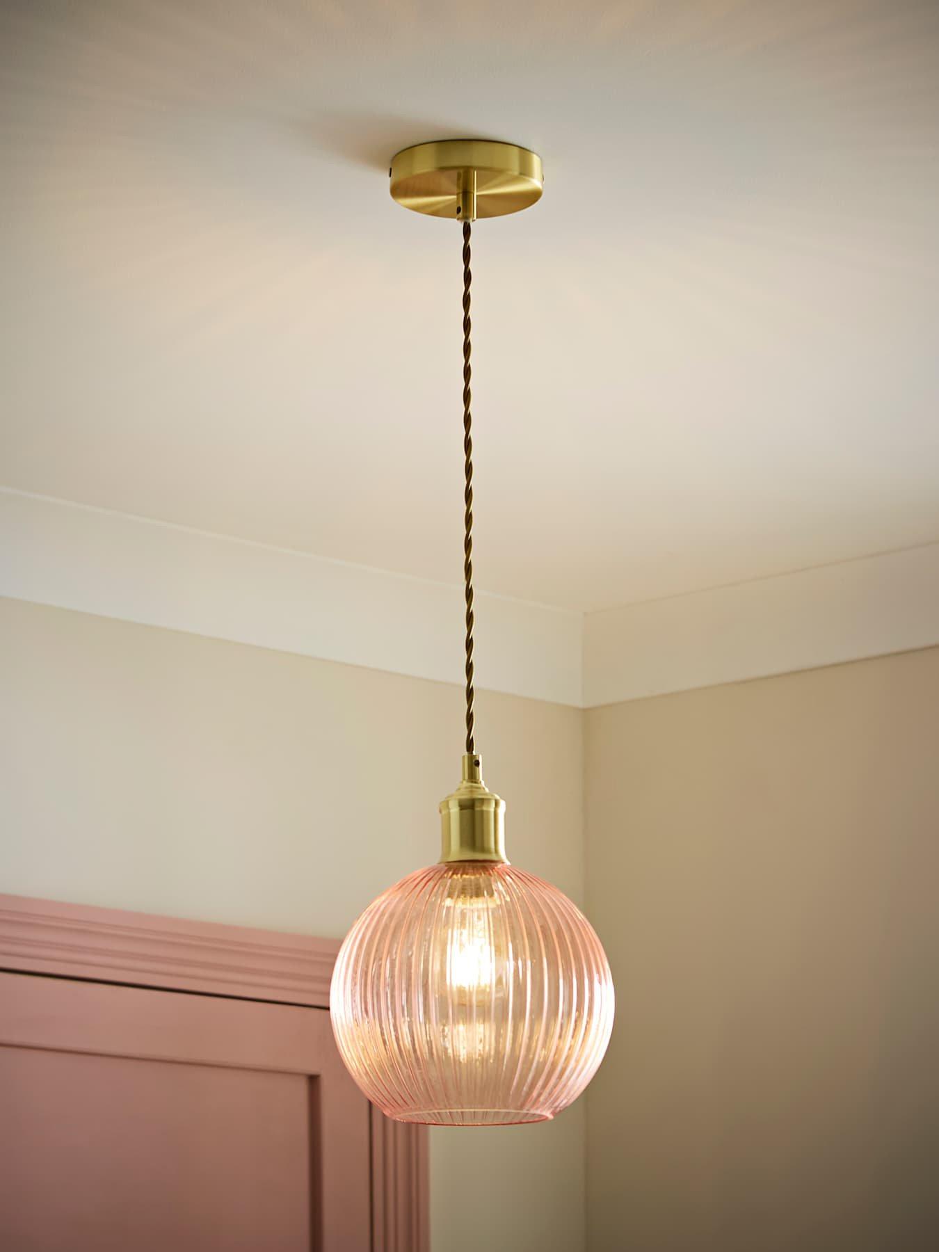 Image 3 of 6 of ValueLights Maddison Brushed Gold Ceiling Light with Pink Ribbed Glass Shade and Warm White Bulb