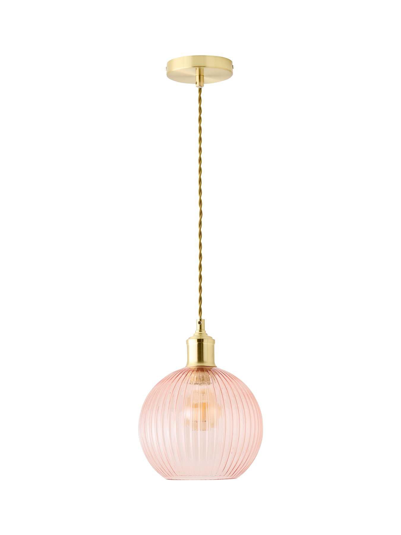 Image 5 of 6 of ValueLights Maddison Brushed Gold Ceiling Light with Pink Ribbed Glass Shade and Warm White Bulb