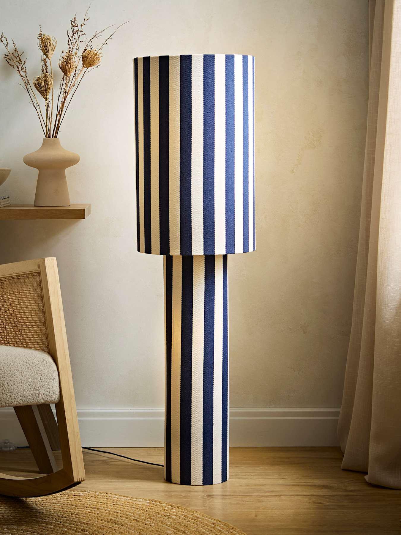 Image 1 of 7 of ValueLights Florence Navy Deckchair Stripe Linen Midi Floor Lamp and Warm White Bulb