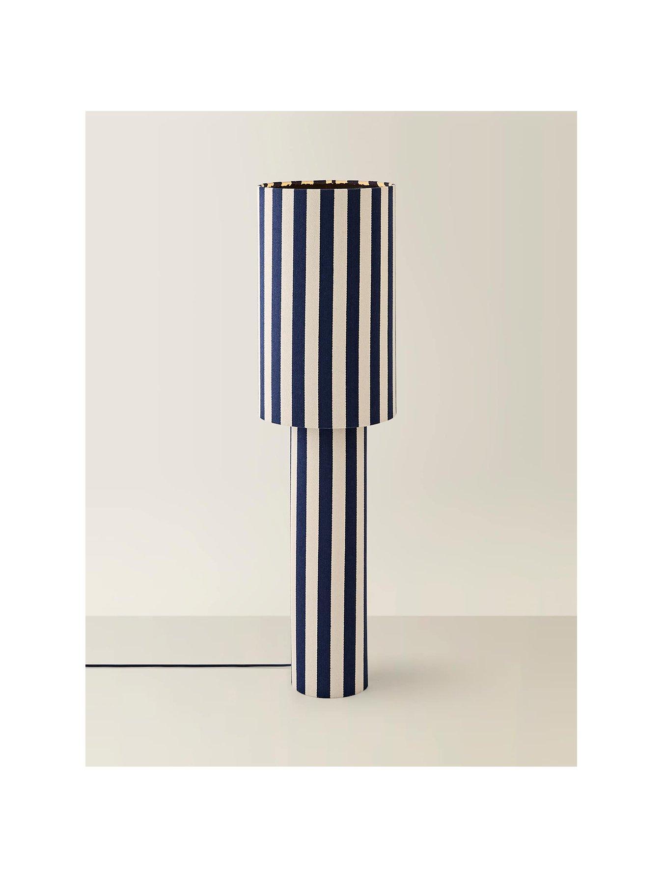 Image 2 of 7 of ValueLights Florence Navy Deckchair Stripe Linen Midi Floor Lamp and Warm White Bulb