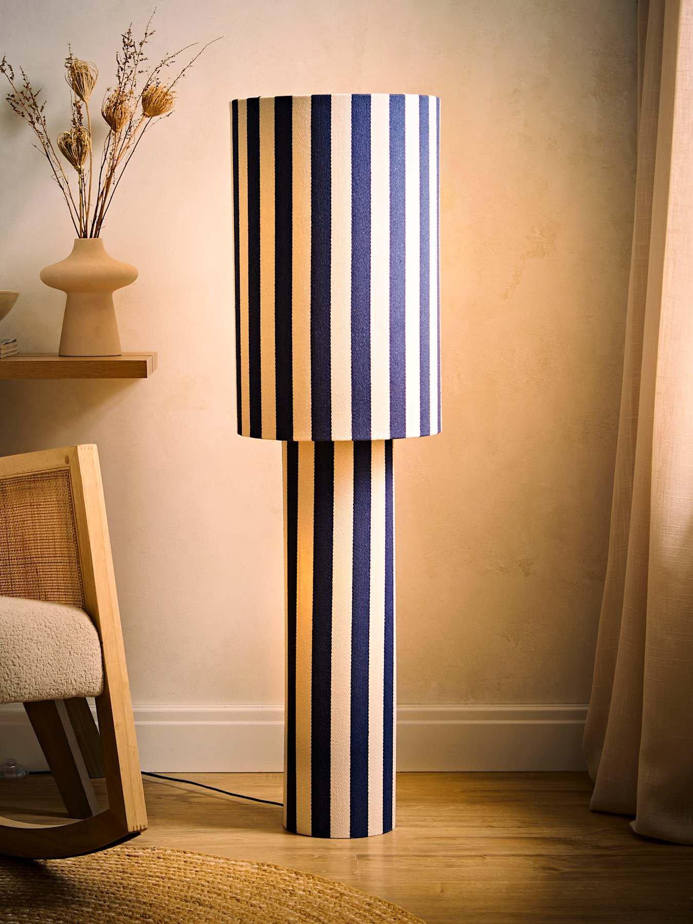 Image 3 of 7 of ValueLights Florence Navy Deckchair Stripe Linen Midi Floor Lamp and Warm White Bulb