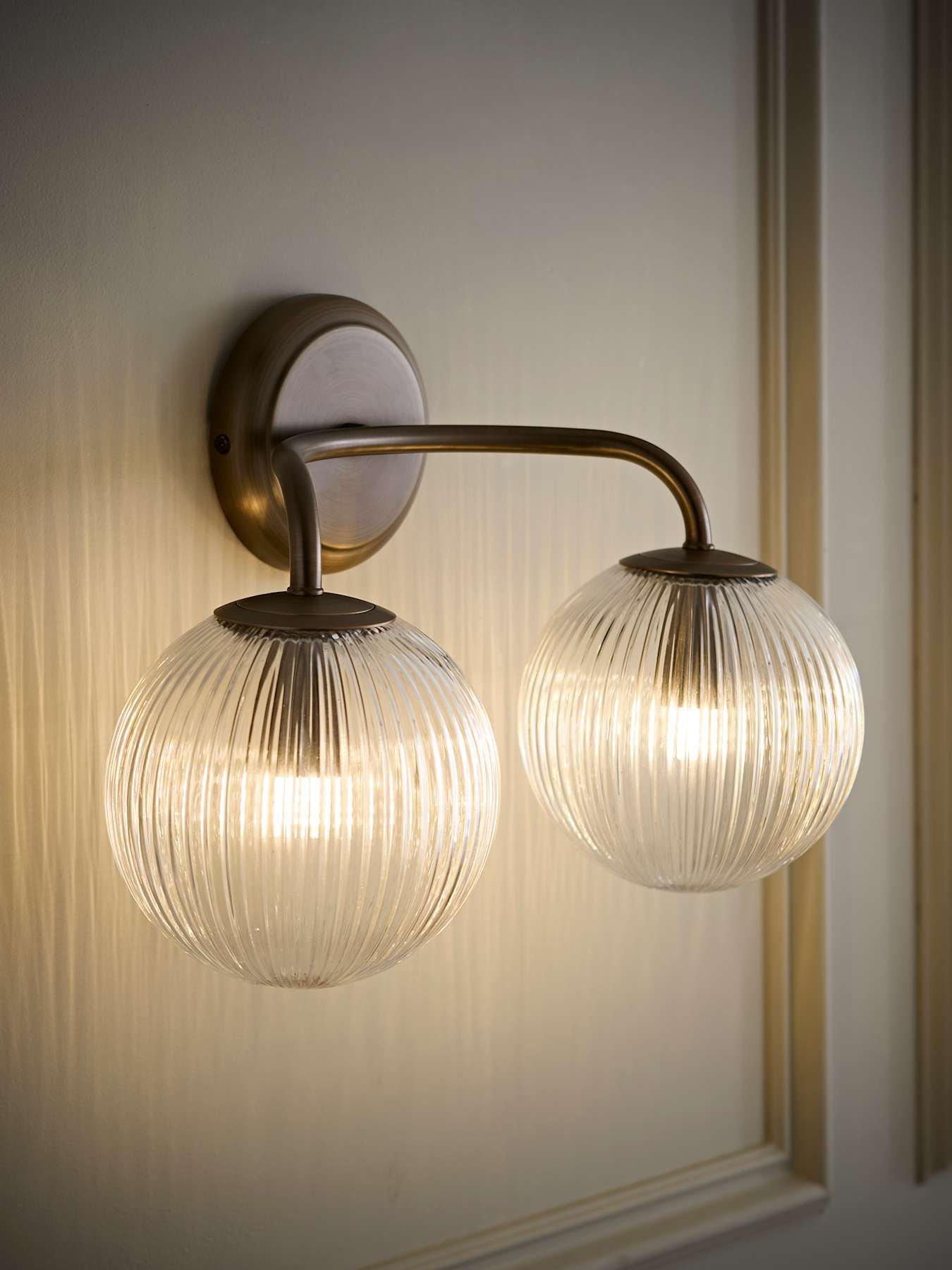 ValueLights Kempton Brushed Brass Ribbed Glass 2 Arm Wall Light and Warm White Bulb