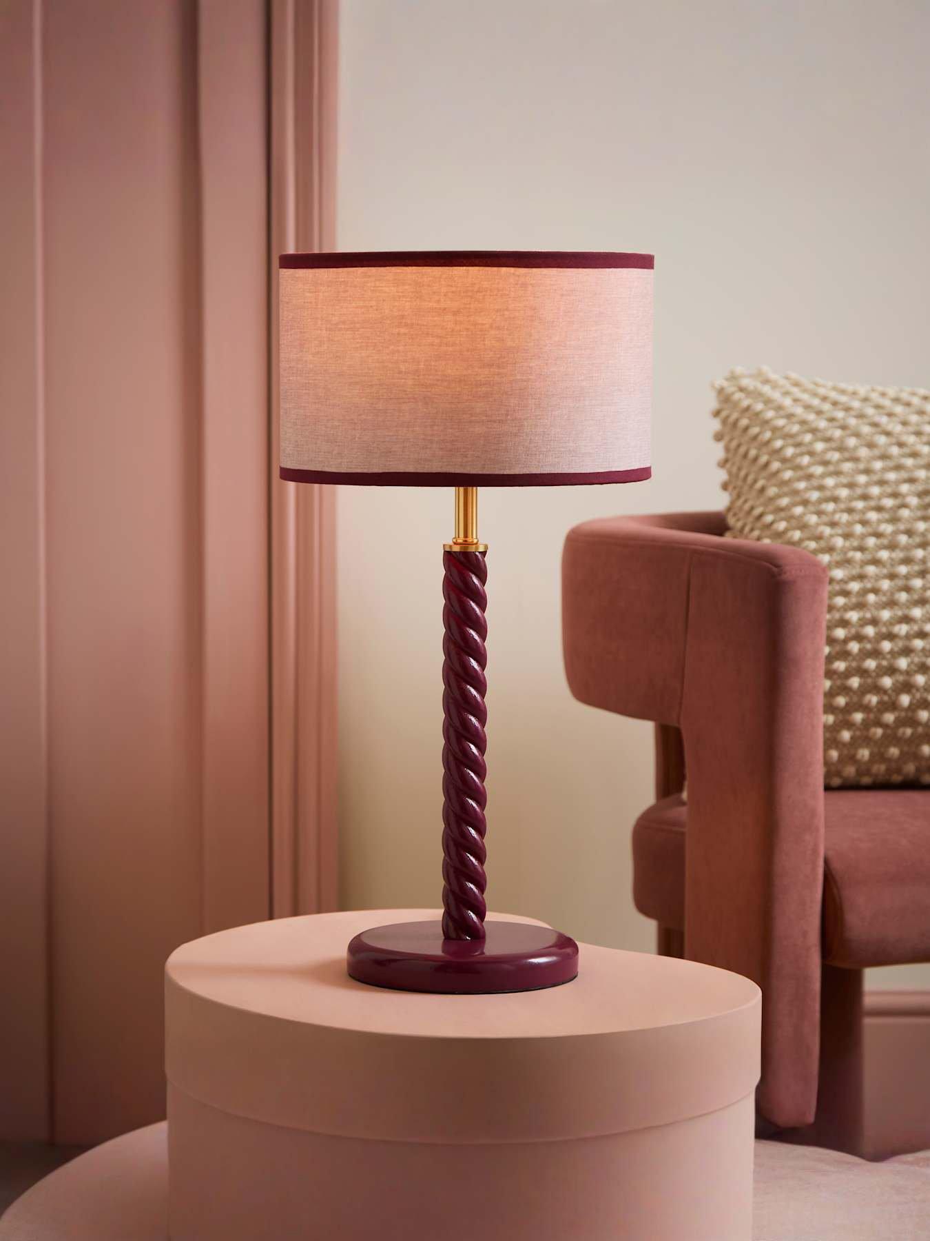 Image 1 of 7 of ValueLights Amara Pink Twist Table Lamp with Colour Match Inner Shade and Warm White Bulb