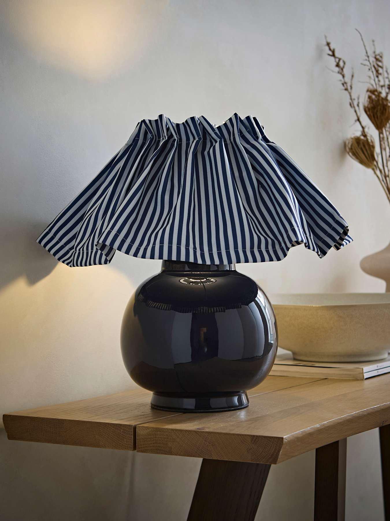 ValueLights Arabella Blue Ceramic Base Table Lamp with Pinstripe Pleat Shade and Warm White Bulb