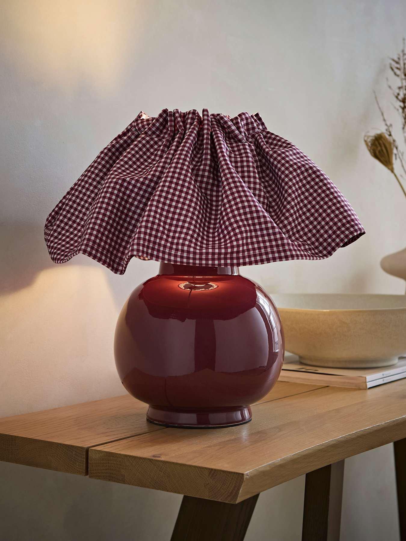 ValueLights Arabella Burgundy Ceramic Base Table Lamp with Gingham Pleat Shade and Warm White Bulb