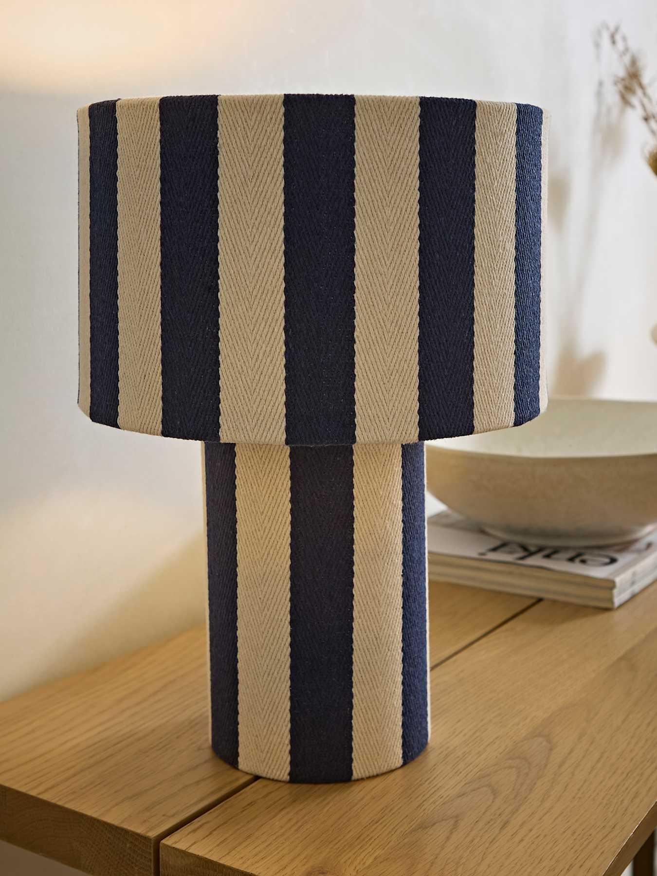 Image 1 of 7 of ValueLights Florence Navy Deckchair Stripe Linen Table Lamp and Warm White Bulb