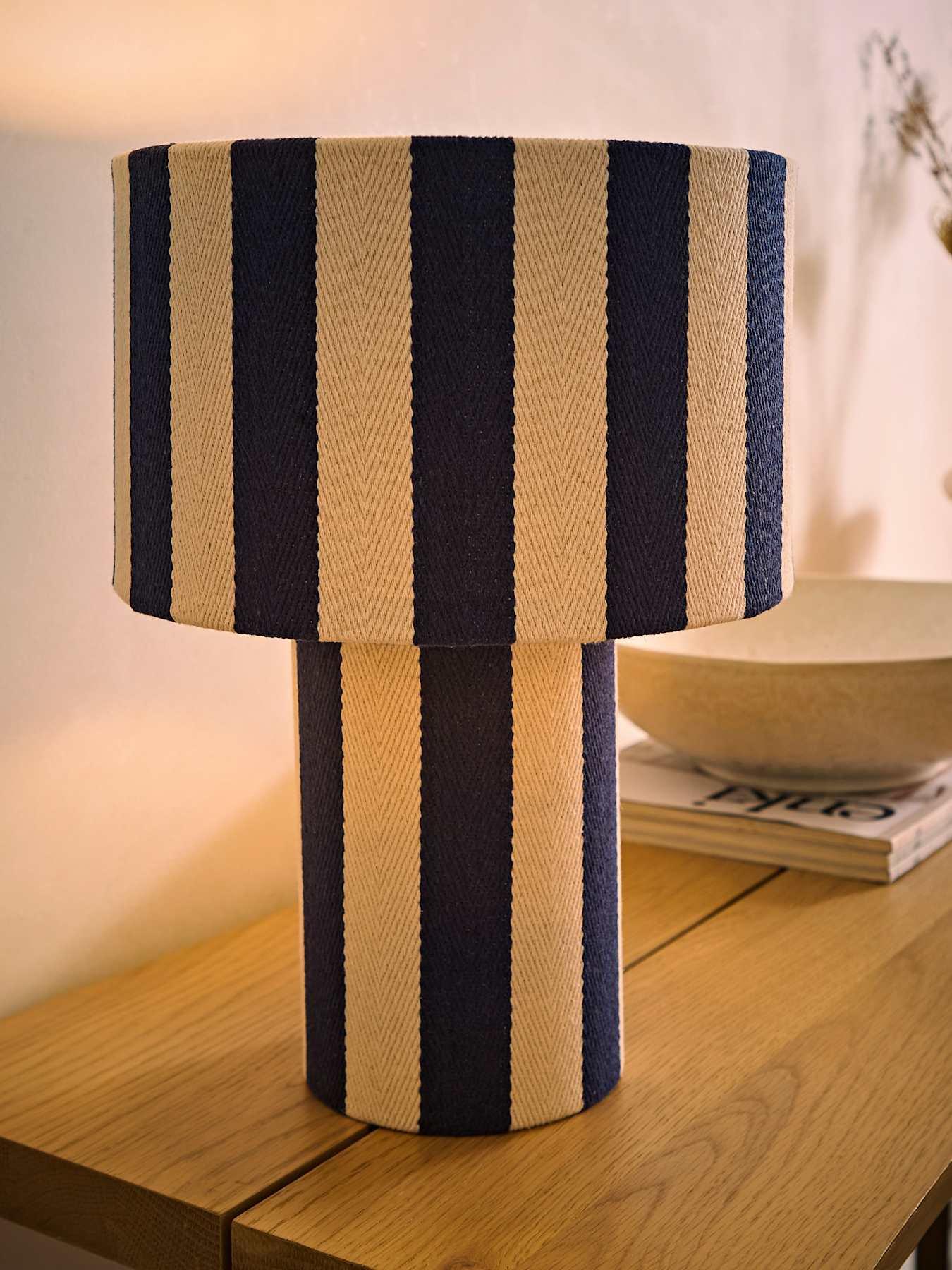 Image 3 of 7 of ValueLights Florence Navy Deckchair Stripe Linen Table Lamp and Warm White Bulb
