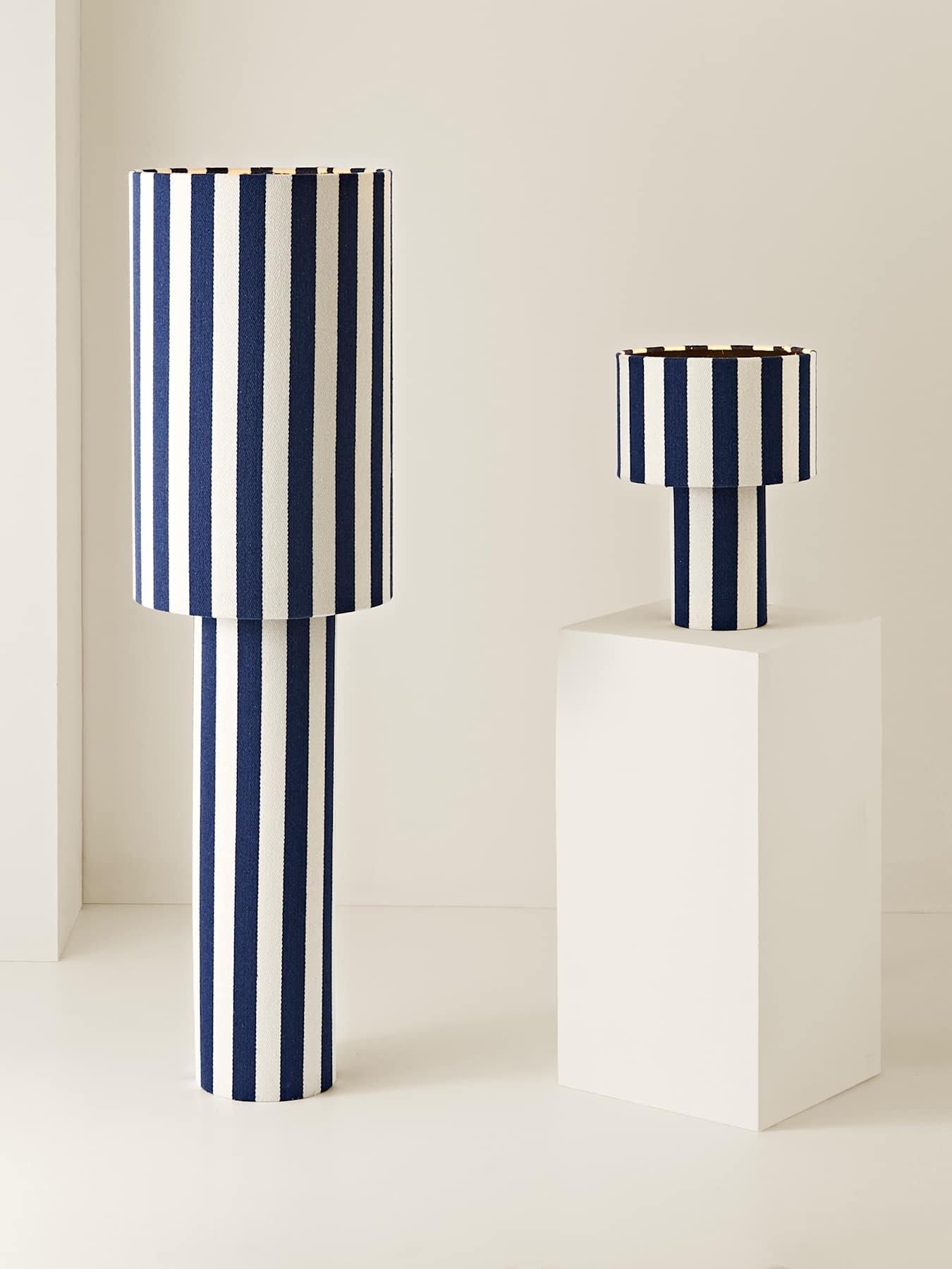 Image 6 of 7 of ValueLights Florence Navy Deckchair Stripe Linen Table Lamp and Warm White Bulb