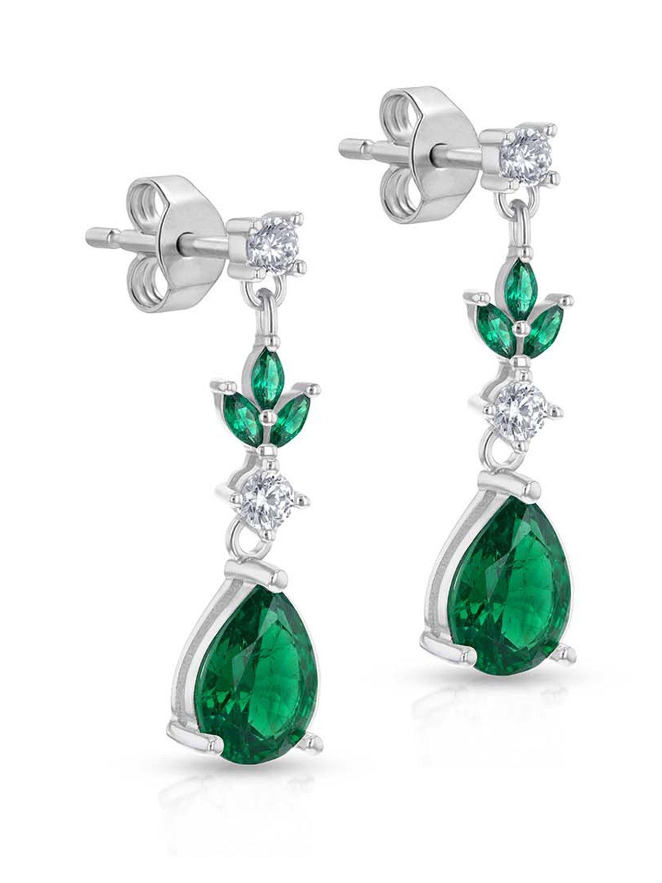 The Love Collection Sterling Silver Rhodium Plated White Round CZ and Green Glass Marquise and Teardrop Drop Earring