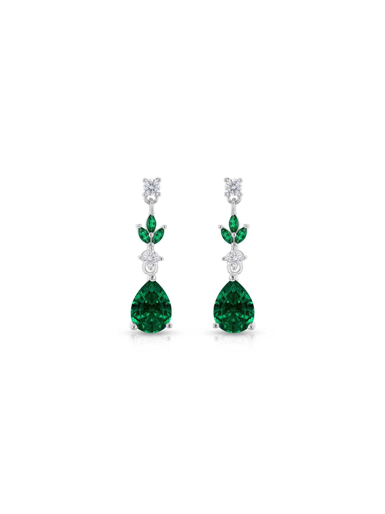 Image 2 of 6 of The Love Collection Sterling Silver Rhodium Plated White Round CZ and Green Glass Marquise and Teardrop Drop Earring