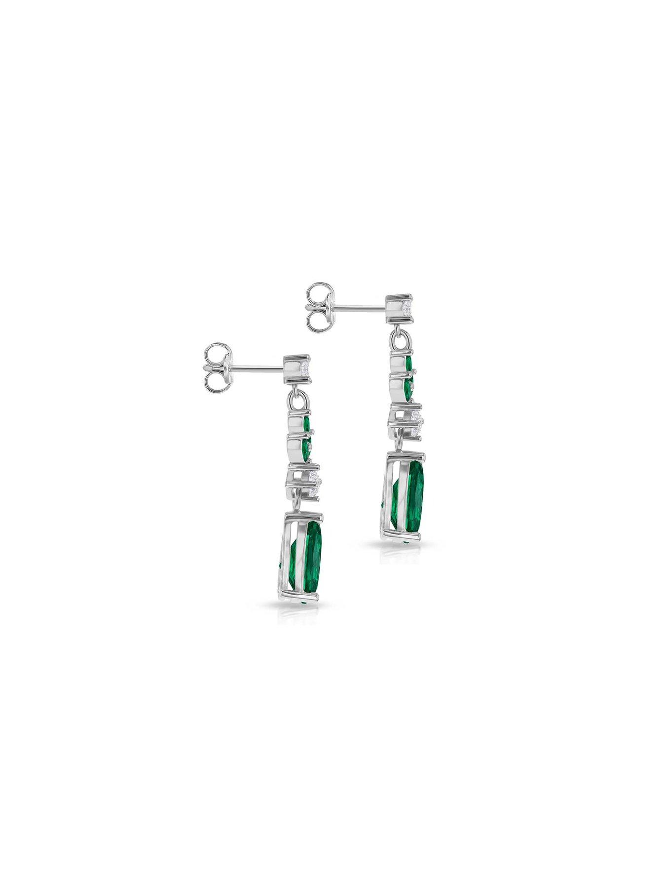 Image 3 of 6 of The Love Collection Sterling Silver Rhodium Plated White Round CZ and Green Glass Marquise and Teardrop Drop Earring
