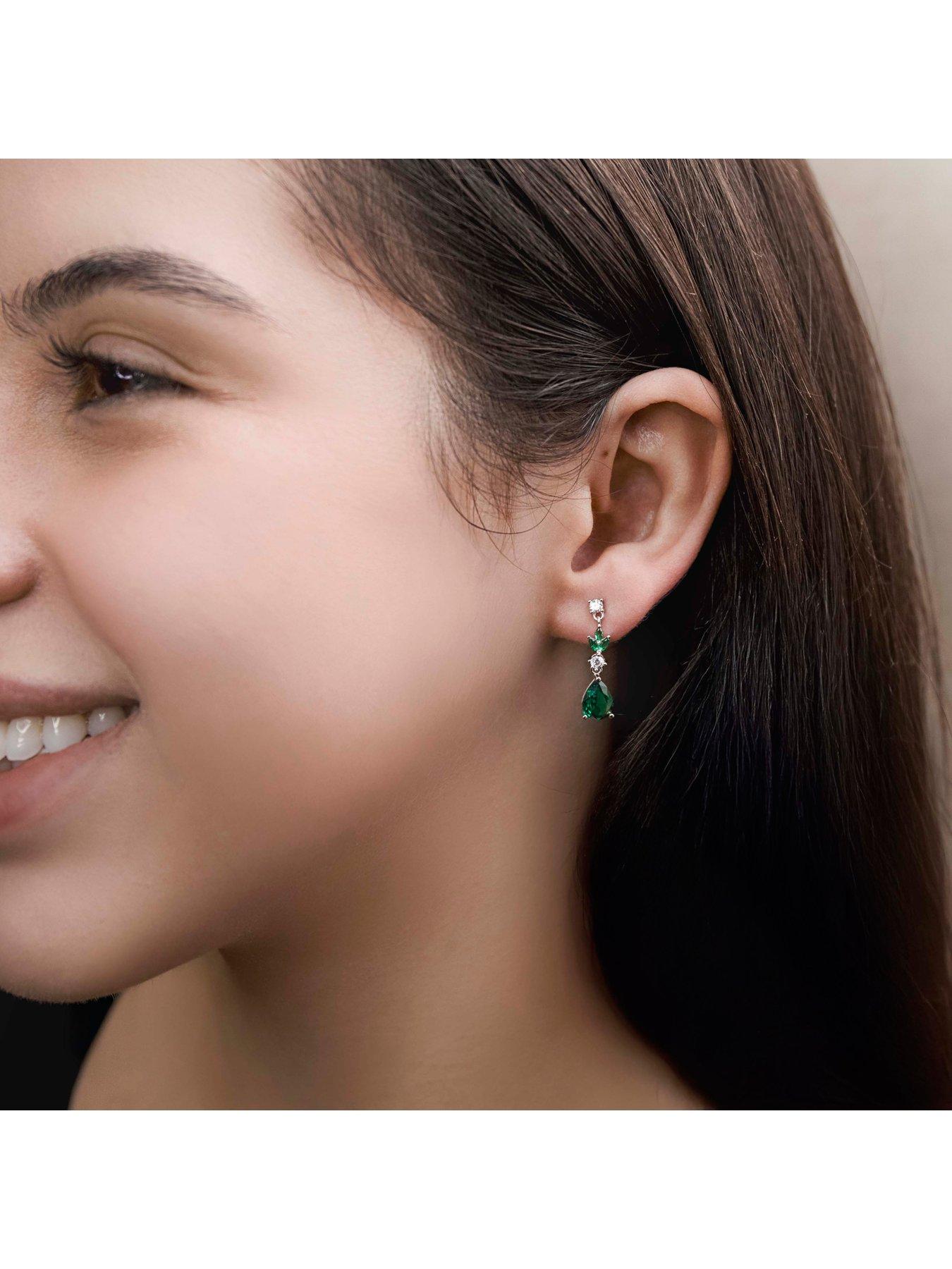 Image 4 of 6 of The Love Collection Sterling Silver Rhodium Plated White Round CZ and Green Glass Marquise and Teardrop Drop Earring