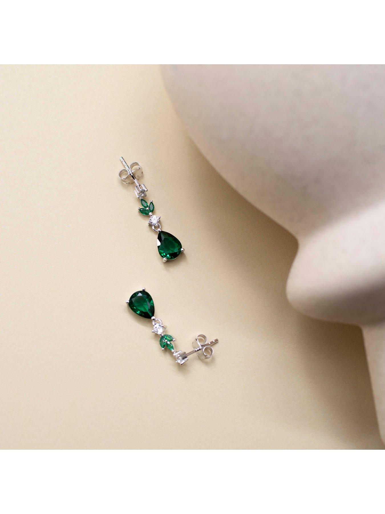 Image 5 of 6 of The Love Collection Sterling Silver Rhodium Plated White Round CZ and Green Glass Marquise and Teardrop Drop Earring