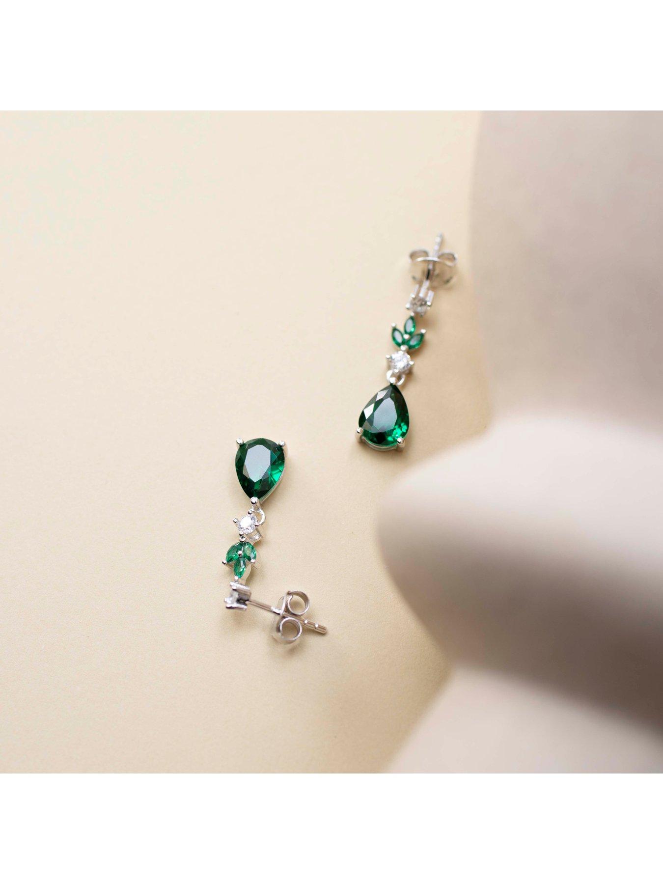 Image 6 of 6 of The Love Collection Sterling Silver Rhodium Plated White Round CZ and Green Glass Marquise and Teardrop Drop Earring