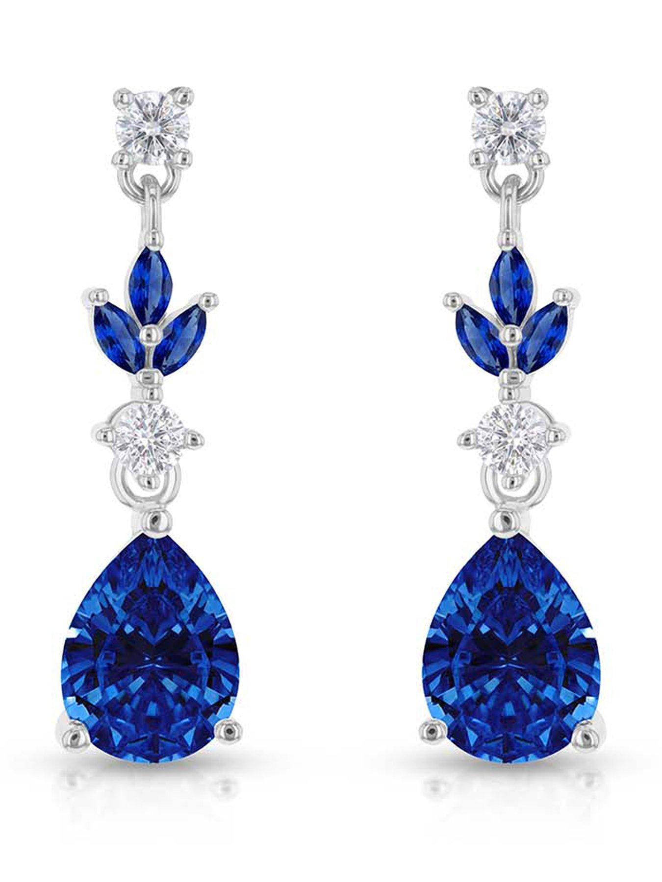 The Love Collection Sterling Silver Rhodium Plated White Round CZ and Blue Glass Marquise and Teardrop Drop Earring