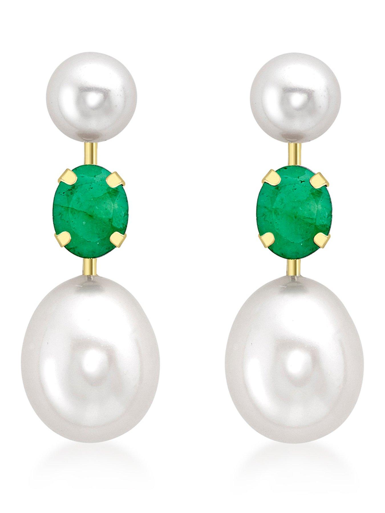 The Love Collection 9ct Yellow Gold Emerald and 2 Freshwater Pearls 7.5mm x 21mm Stem Drop Earrings