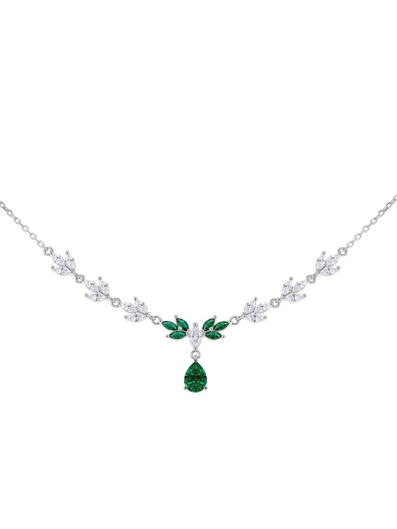 The Love Collection Sterling Silver Rhodium Plated White Marquise CZ and Marquise Green Glass Necklet 42cm/16.5'- 45cm/17.75'