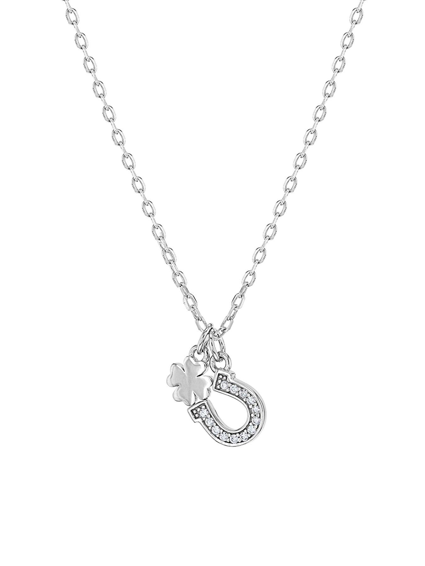 The Love Collection Sterling Silver Rhodium Plated CZ 9mm x 9mm Horseshoe-and-Clover Adjustable Necklace 43cm/17'-46cm/18