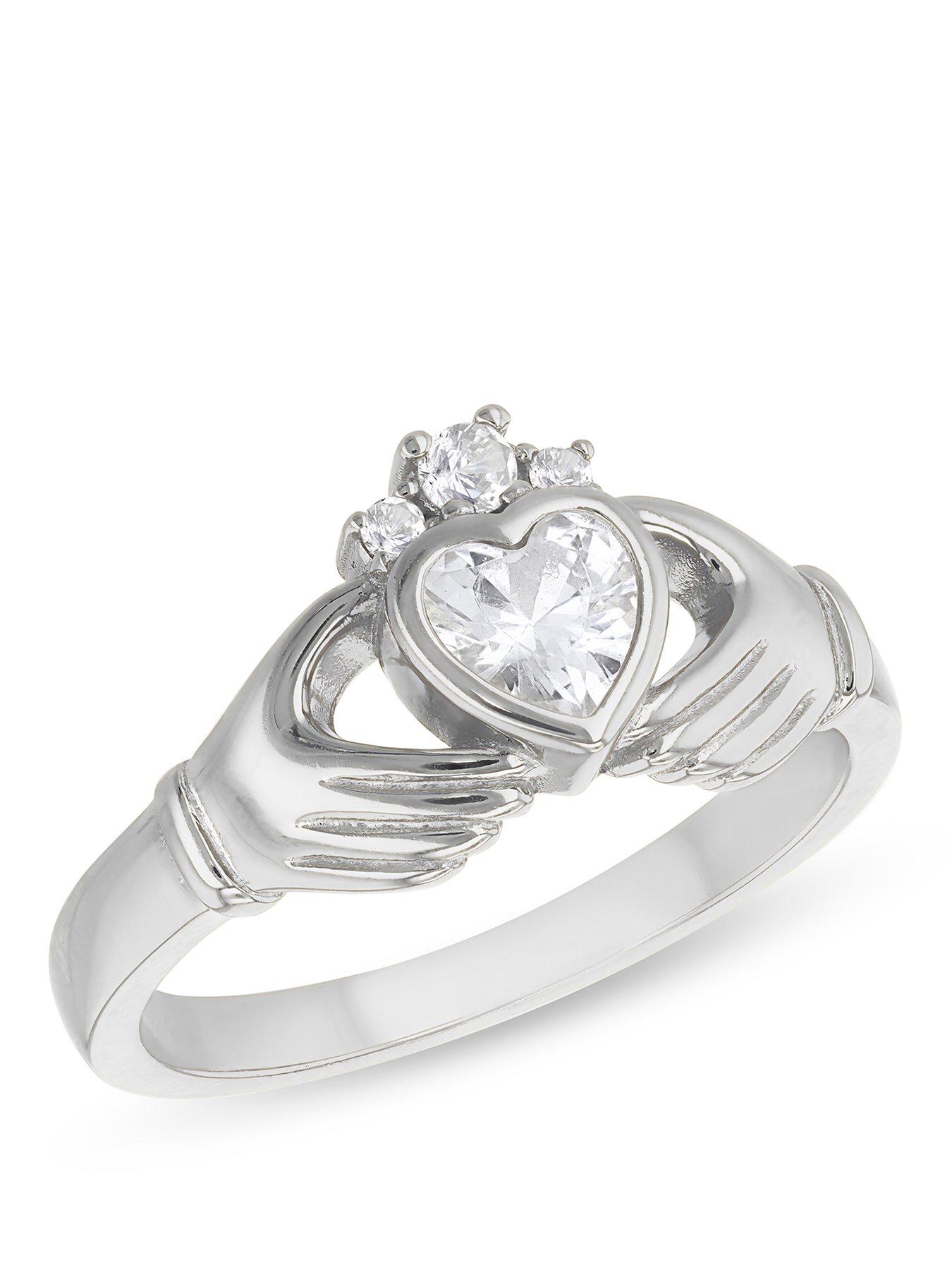 The Love Silver Collection Sterling Silver Rhodium Plated 5mm x 5mm Heart CZ Claddagh Ring